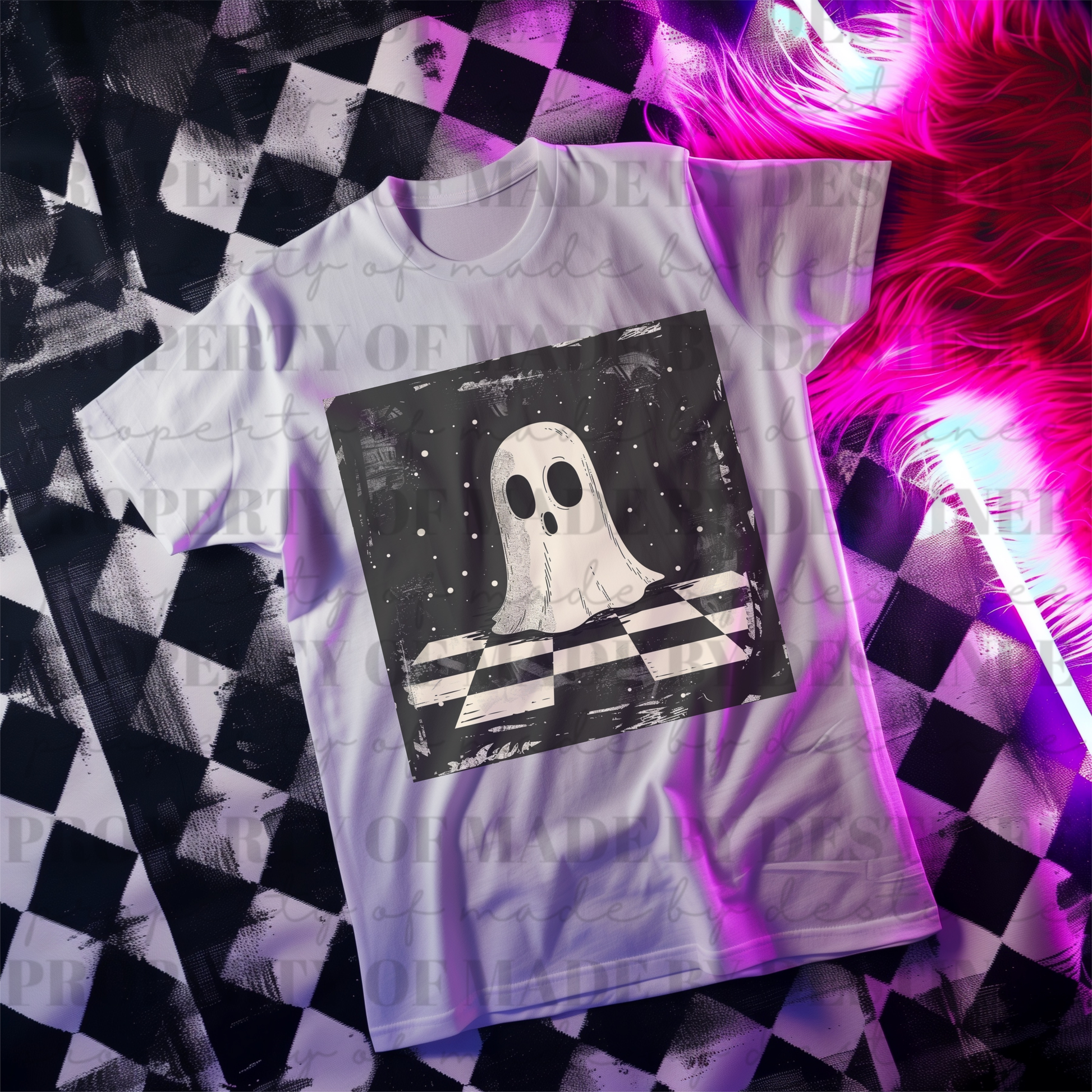 Neon Checkerboard T-Shirt Mockup | White Shirt Flat Lay
