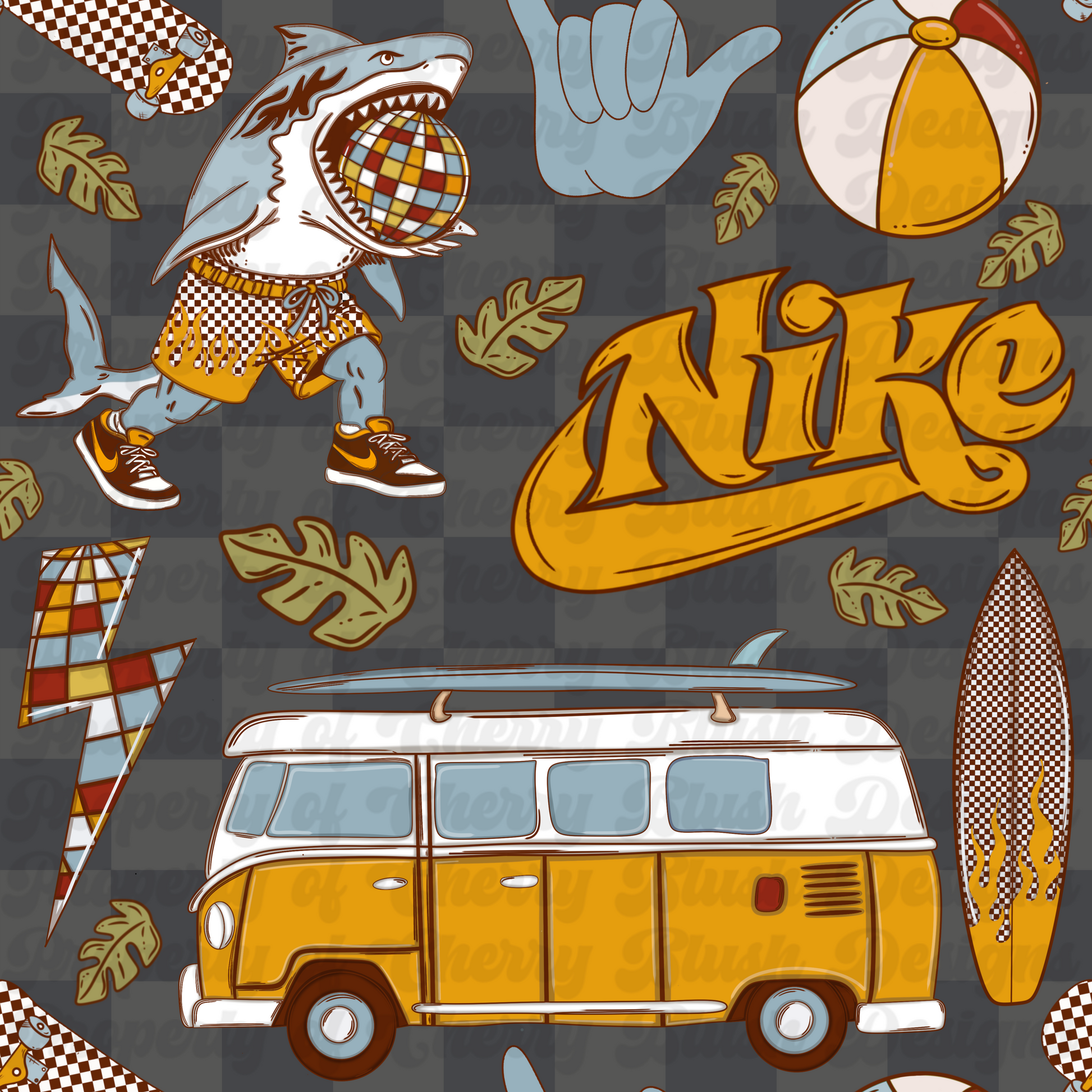 Disco Shark Summer Seamless Pattern | Retro Surf Shark | Multiple Colorways