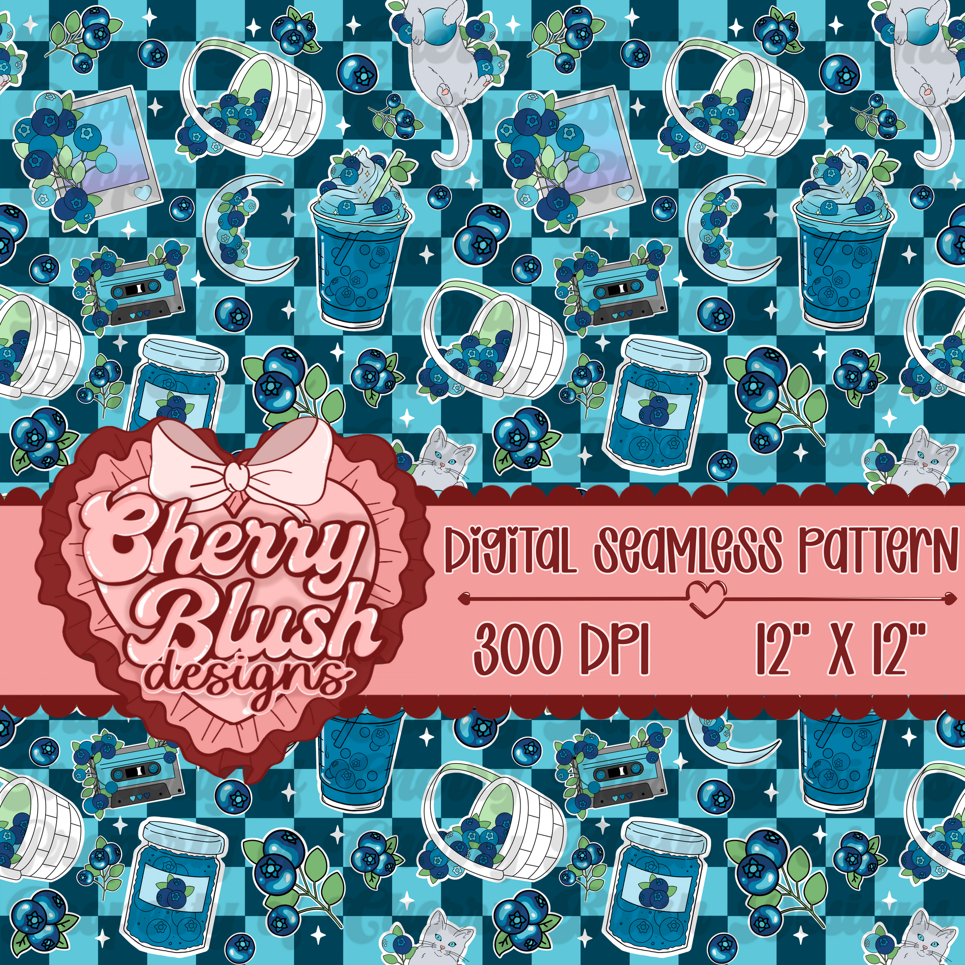 Blueberry Aesthetic Seamless Pattern | Retro Cottagecore Blue Gingham PNG