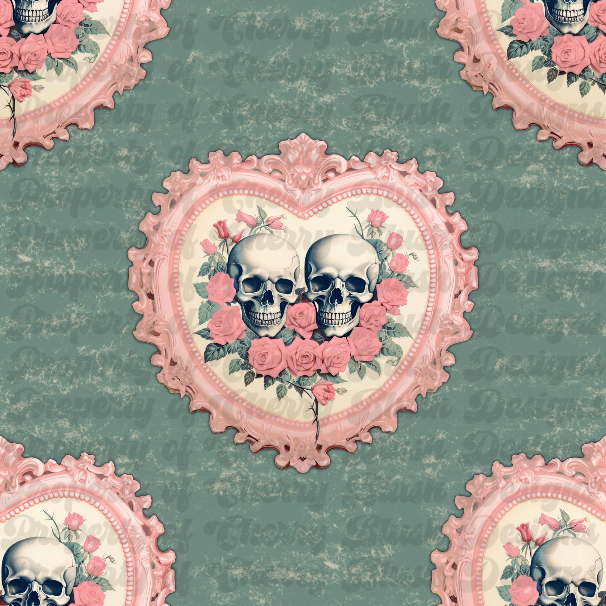 Gothic Romance Skull Heart Seamless Pattern