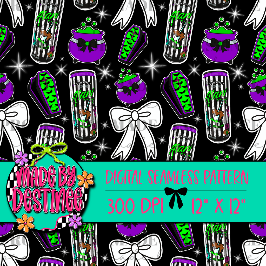 Alani Witches Brew Energy Drink Seamless Halloween Digital Pattern | Cauldron, Coffin & Bat Clipart