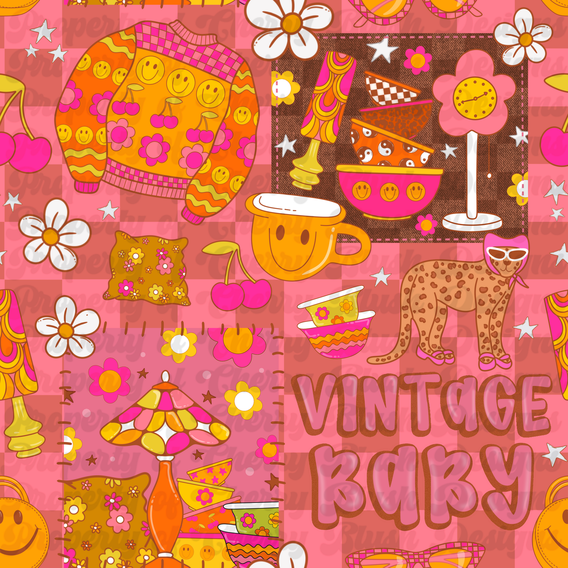 Vintage Baby Seamless Pattern | Retro 70s Smiley Patchwork Design | Groovy Fabric File