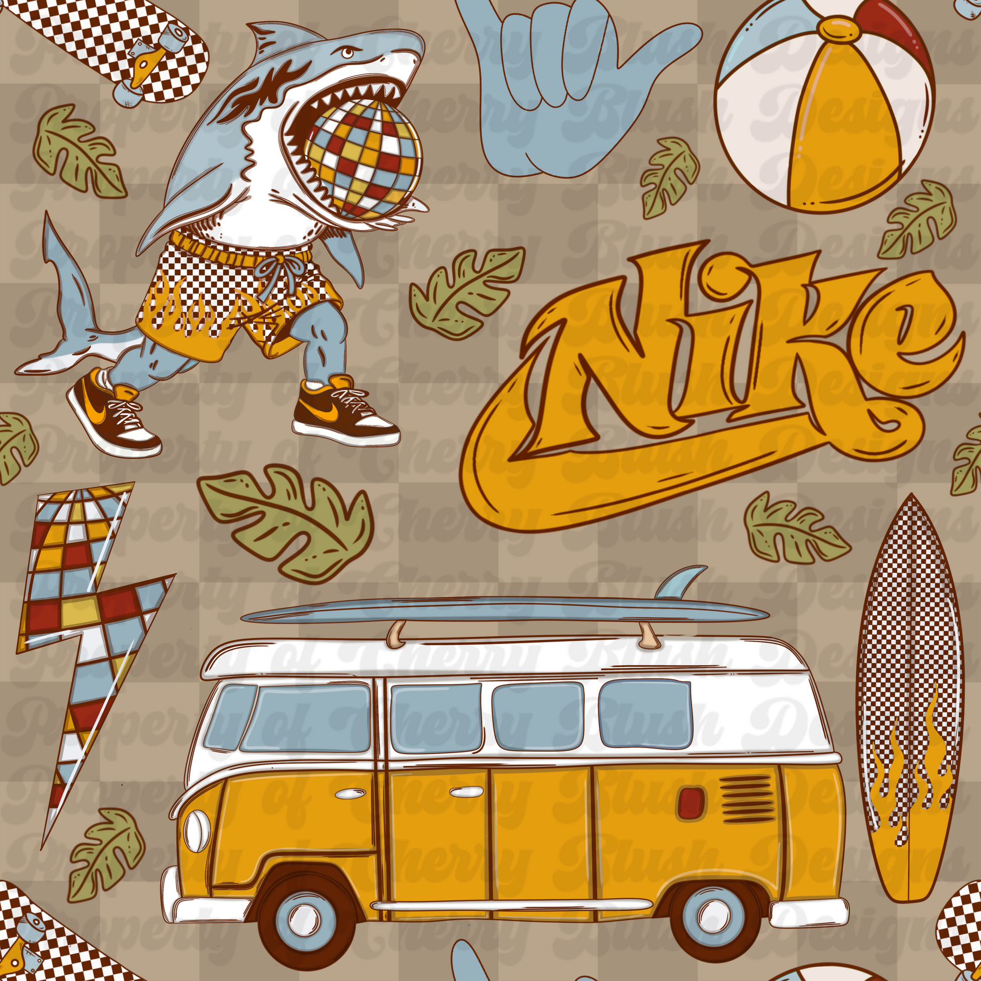 Disco Shark Summer Seamless Pattern | Retro Surf Shark | Multiple Colorways