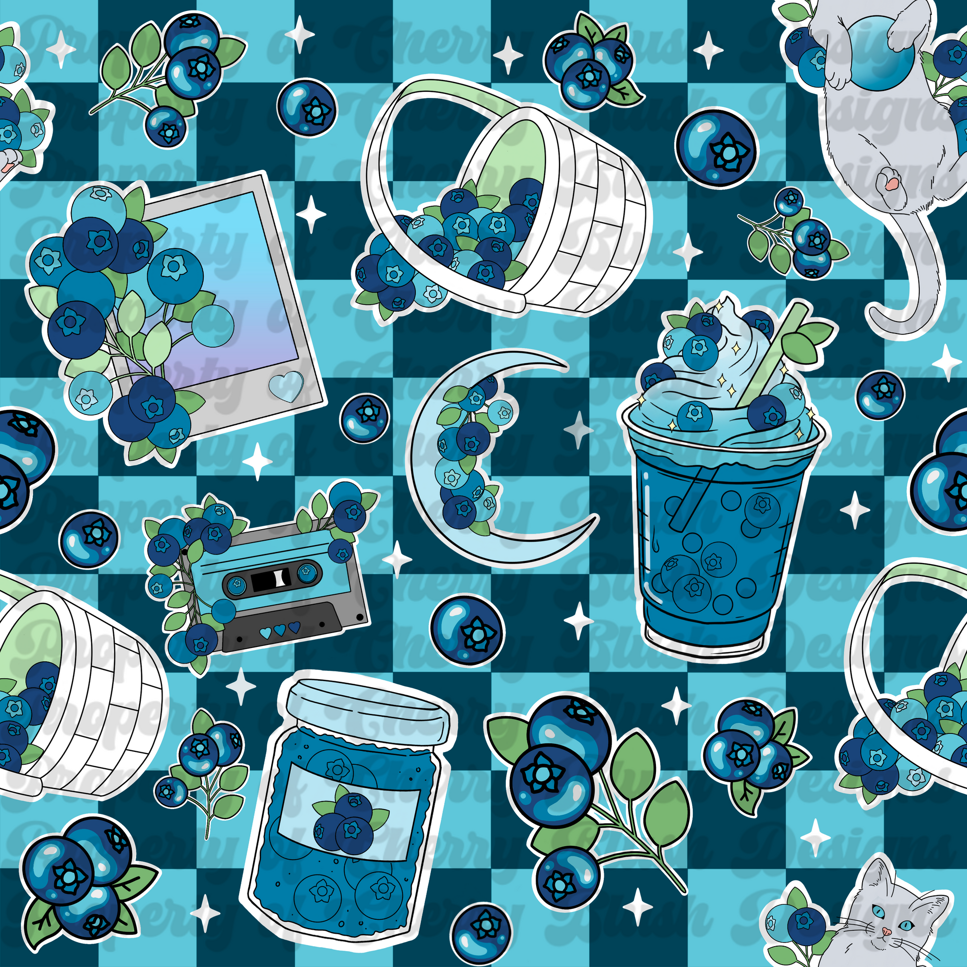 Blueberry Aesthetic Seamless Pattern | Retro Cottagecore Blue Gingham PNG