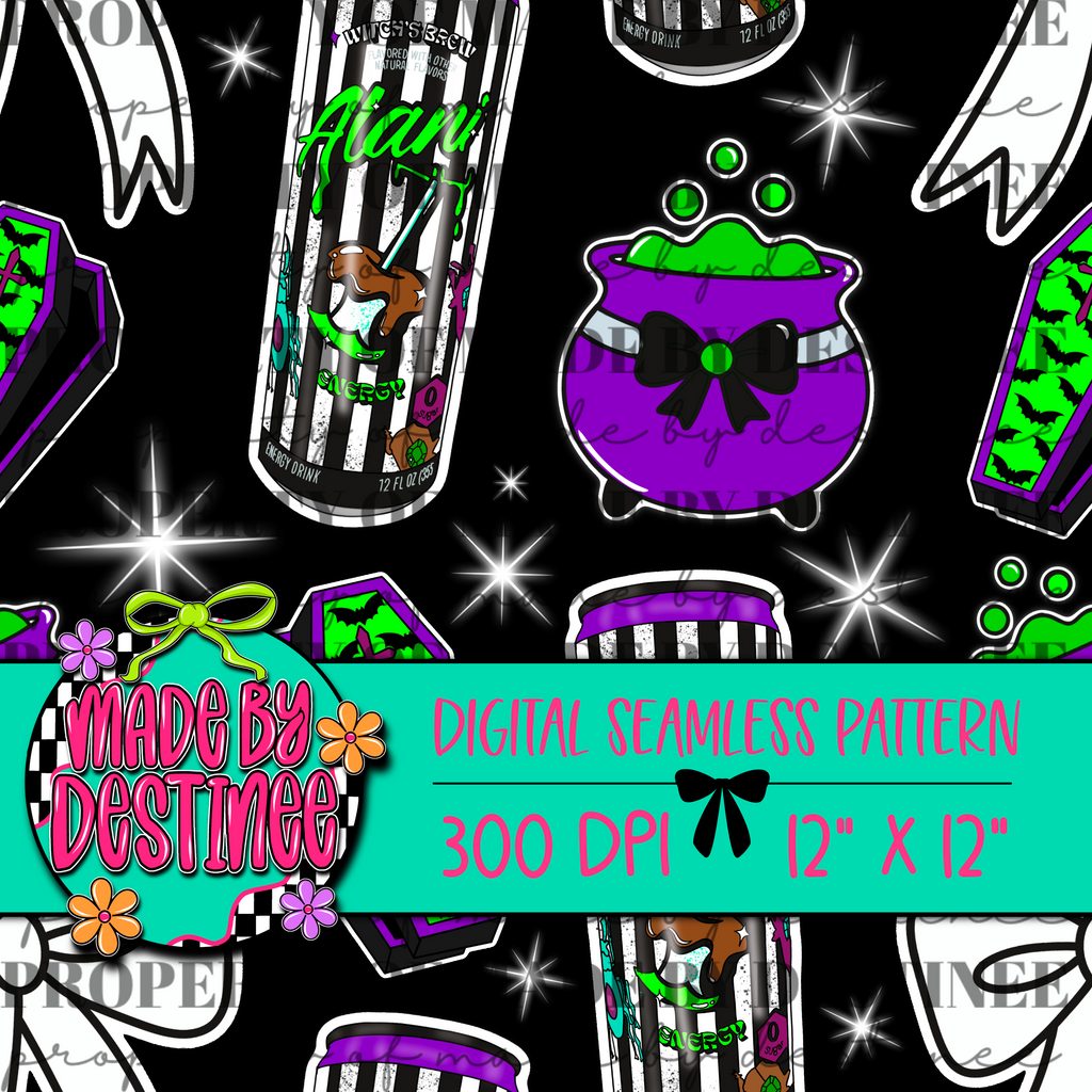 Alani Witches Brew Energy Drink Seamless Halloween Digital Pattern | Cauldron, Coffin & Bat Clipart