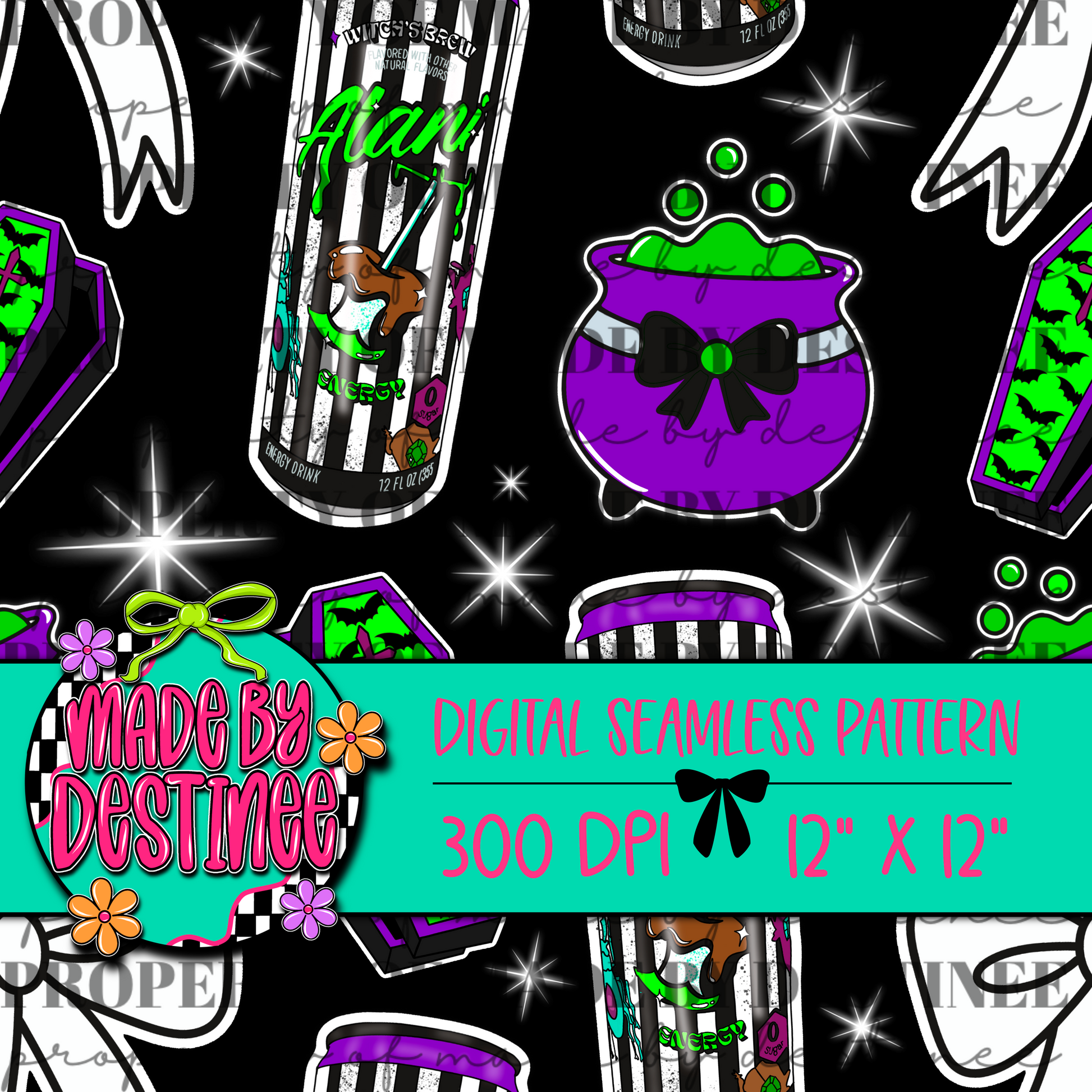 Alani Witches Brew Energy Drink Seamless Halloween Digital Pattern | Cauldron, Coffin & Bat Clipart