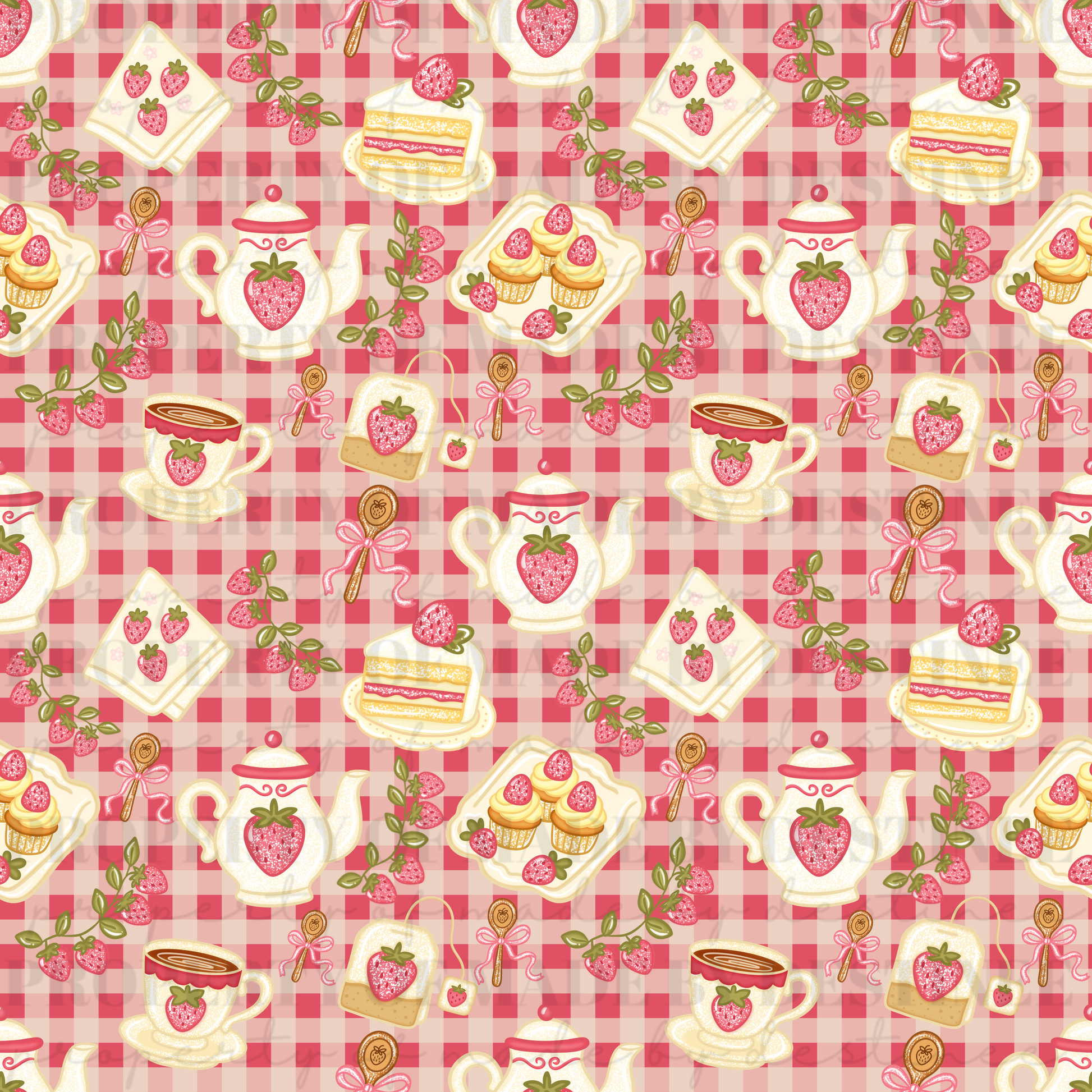 Strawberry Tea Party Seamless Pattern | Pink Gingham Cottagecore PNG