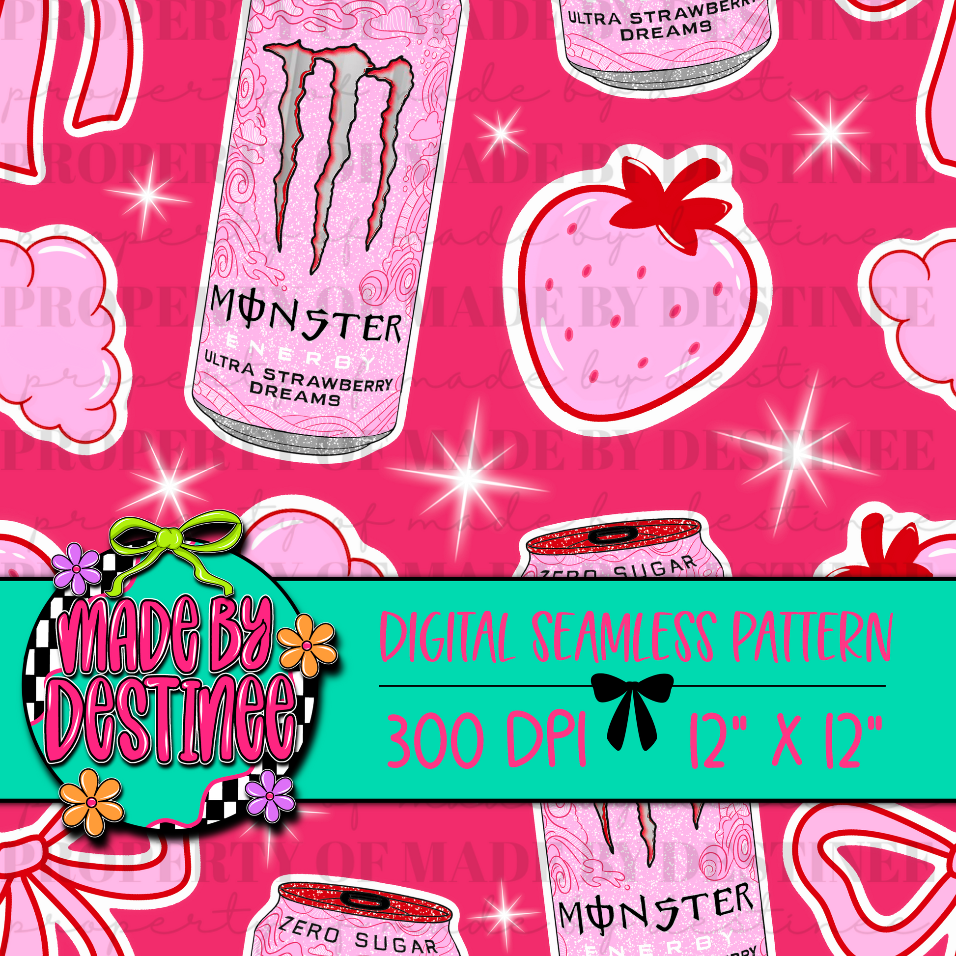 Monster Strawberry Dreams Energy Drink Seamless Digital Pattern | Pink Strawberry Clipart for Crafts & Sublimation