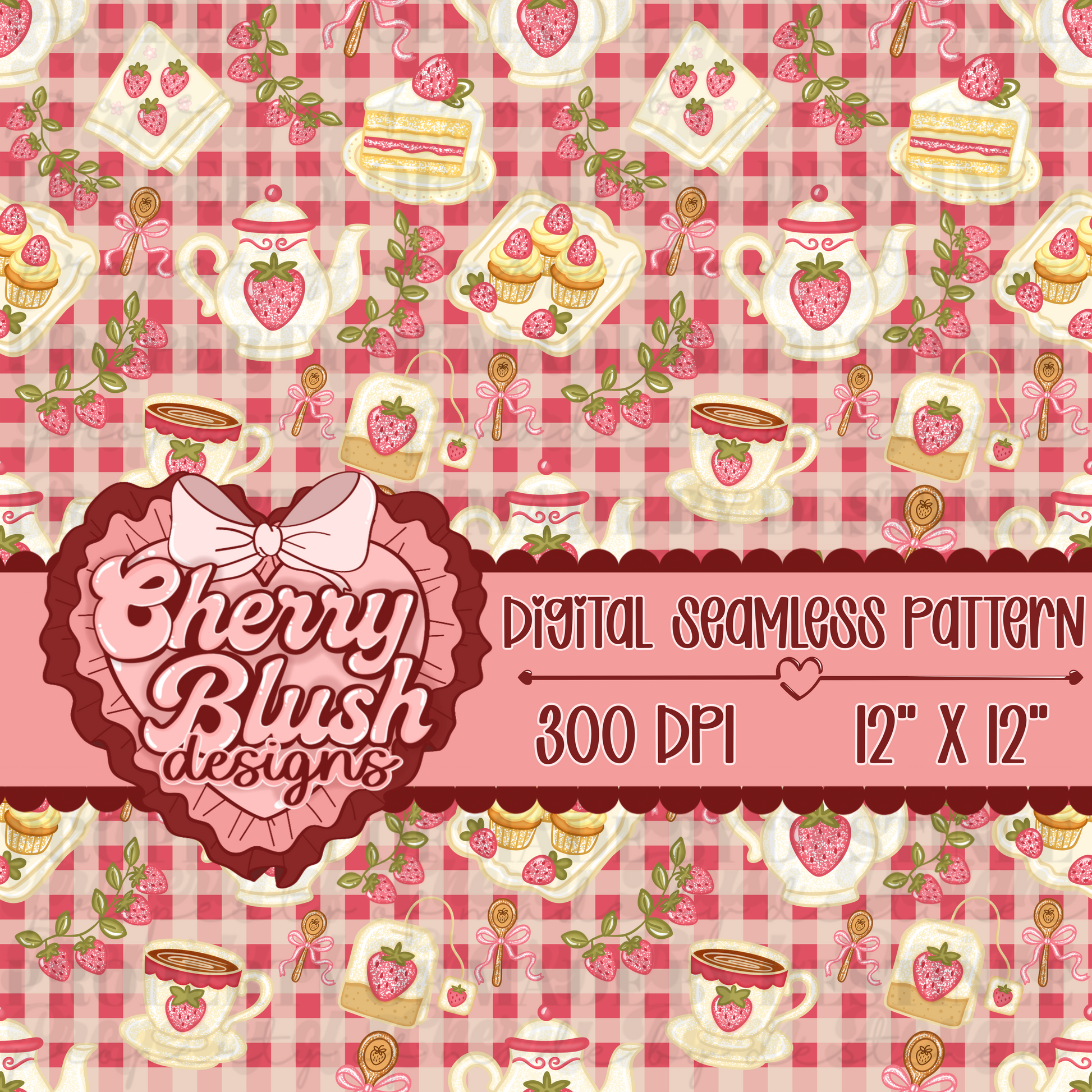 Strawberry Tea Party Seamless Pattern | Pink Gingham Cottagecore PNG