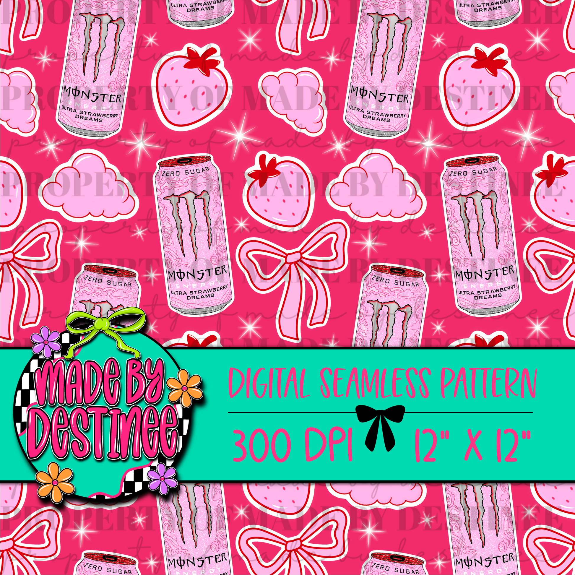 Monster Strawberry Dreams Energy Drink Seamless Digital Pattern | Pink Strawberry Clipart for Crafts & Sublimation