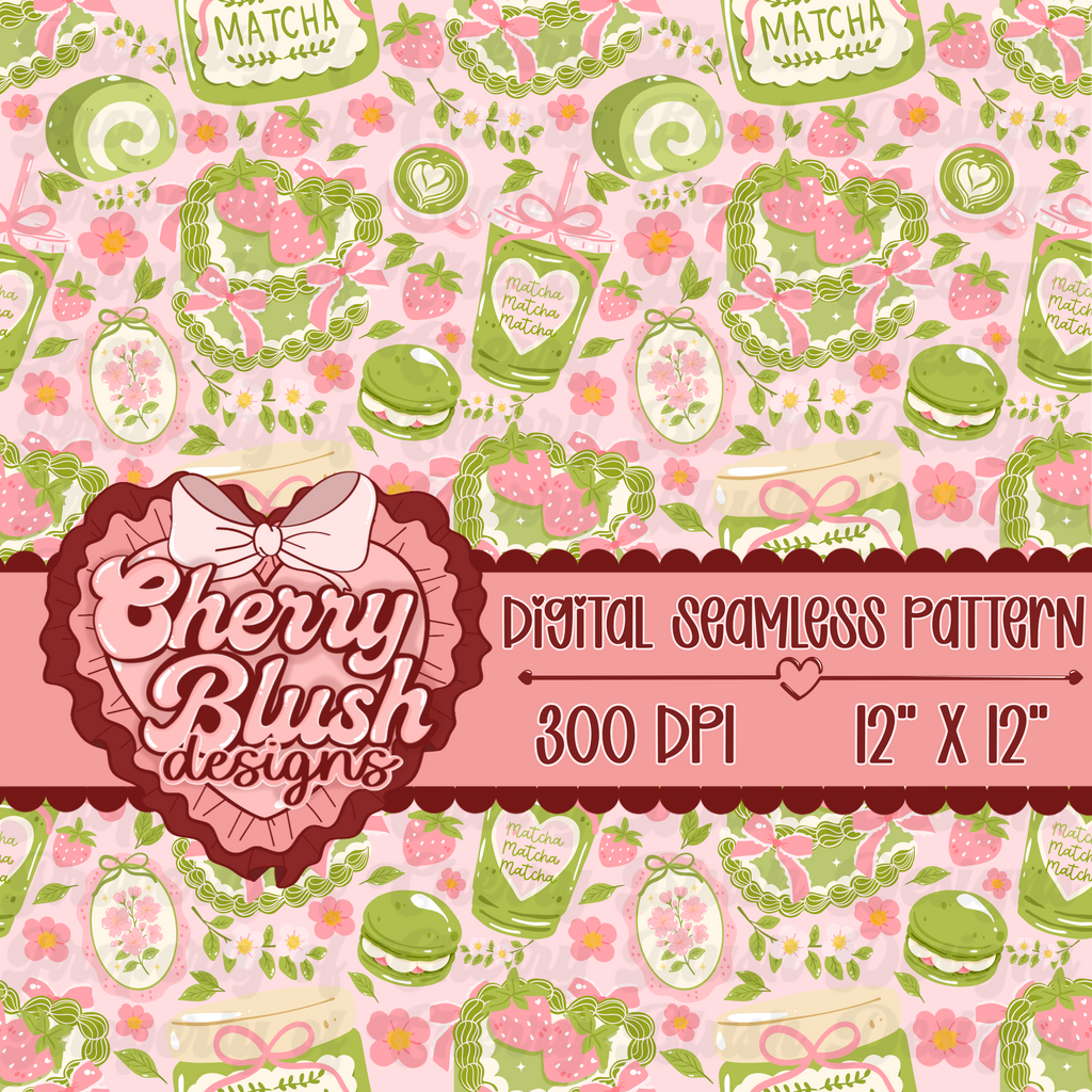 Strawberry Matcha Café Seamless Pattern | Pink & Green Coquette PNG
