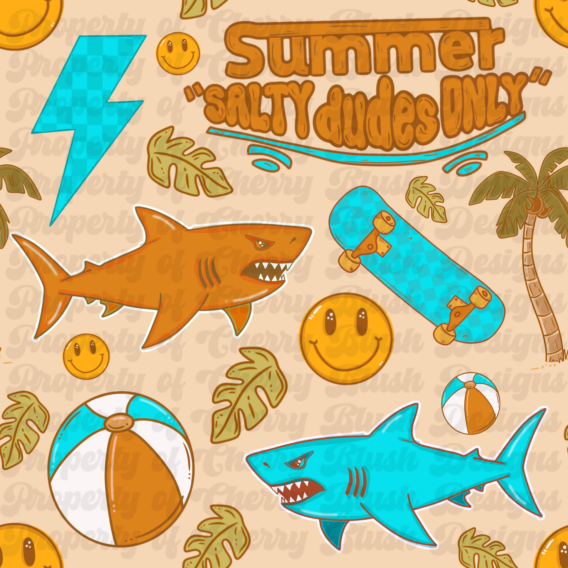 Summer Salty Dudes Only Seamless Pattern | Retro Shark Skate Summer Seamless | Trendy Beach Boy Digital Download