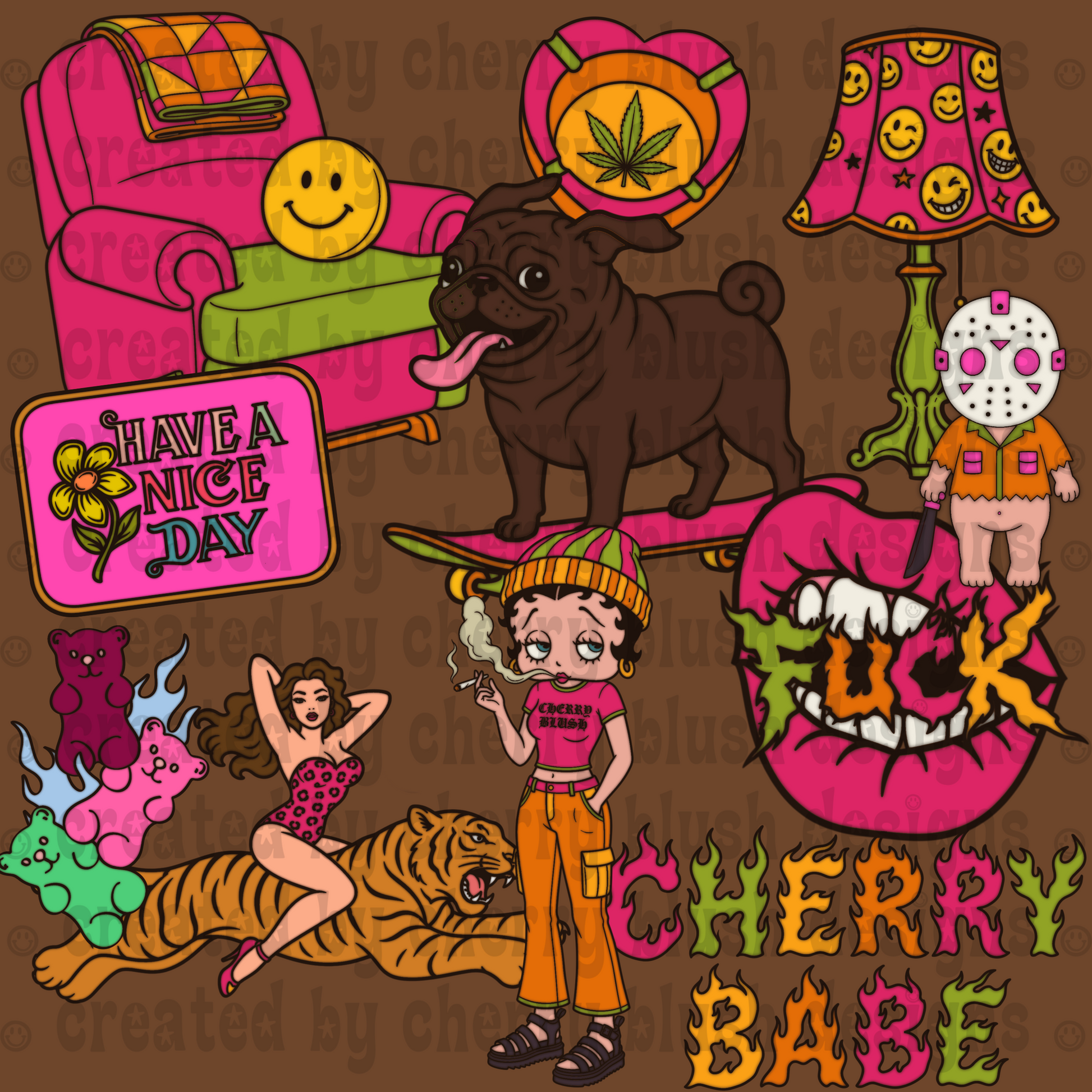 Retro Cherry Babe Clipart Bundle | Y2K Aesthetic PNG Graphics | Funky Groovy Digital Clip Art