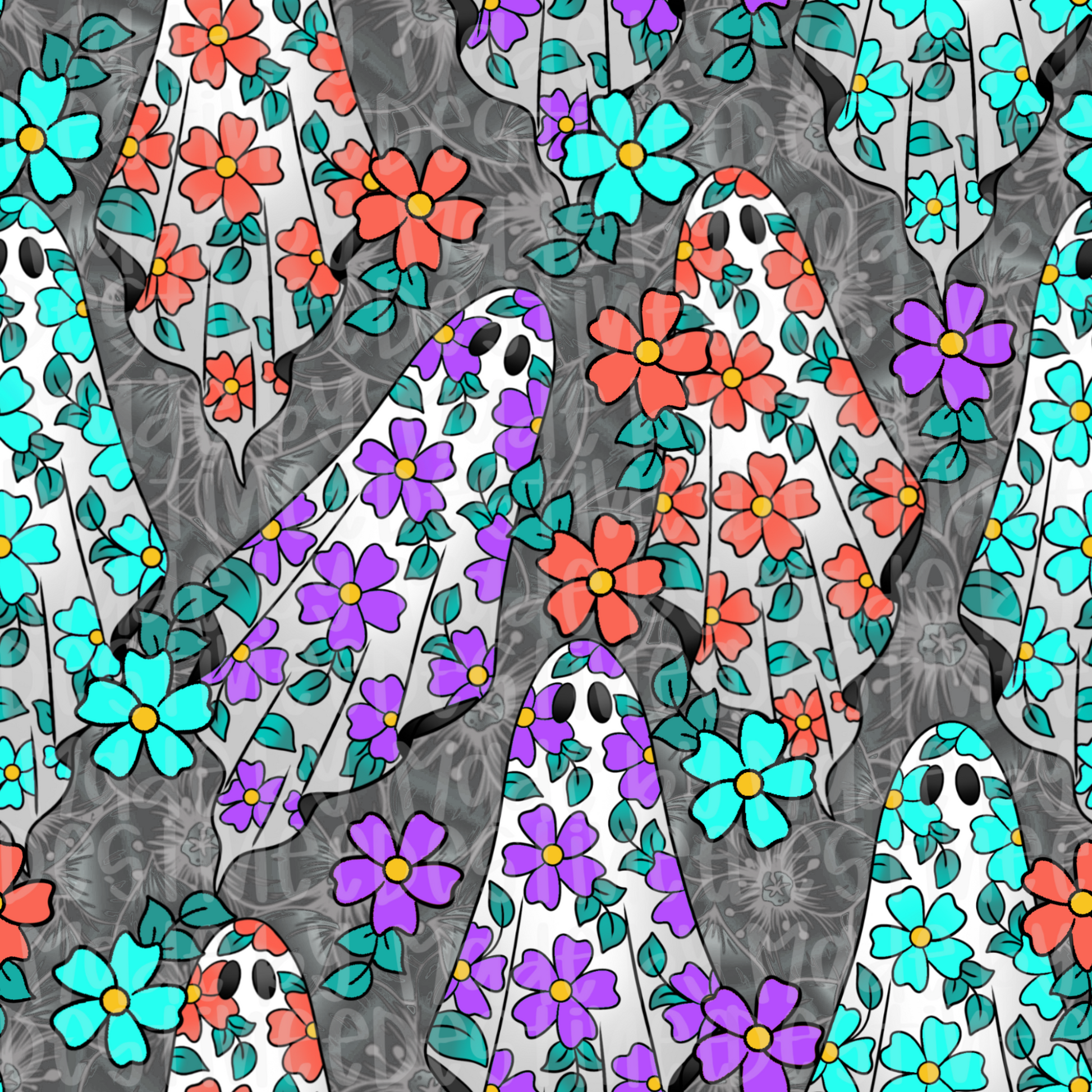 Floral Ghosts Seamless Pattern | Colorful Spooky Digital Design for Crafts