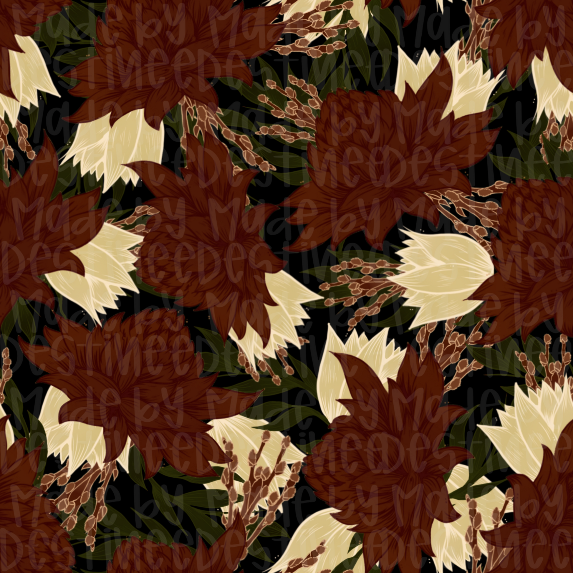 Dark Burgundy Floral Seamless Pattern | Moody Boho Flowers Digital PNG Background