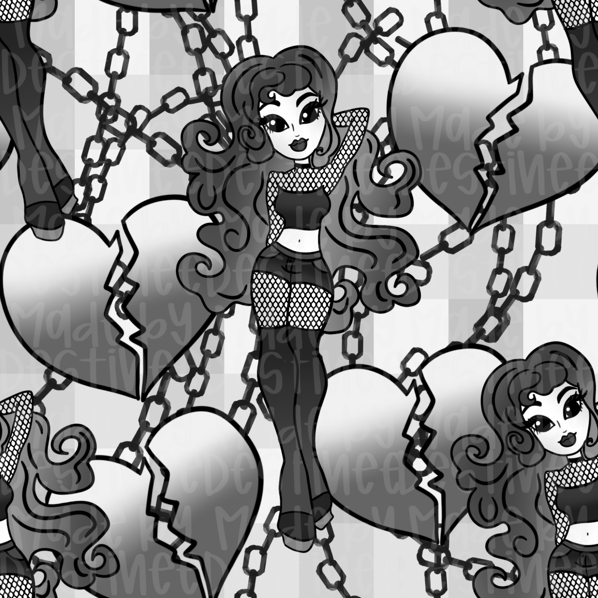Gothic Doll Seamless Pattern | Broken Heart Chains Digital Design for Sublimation & Crafts