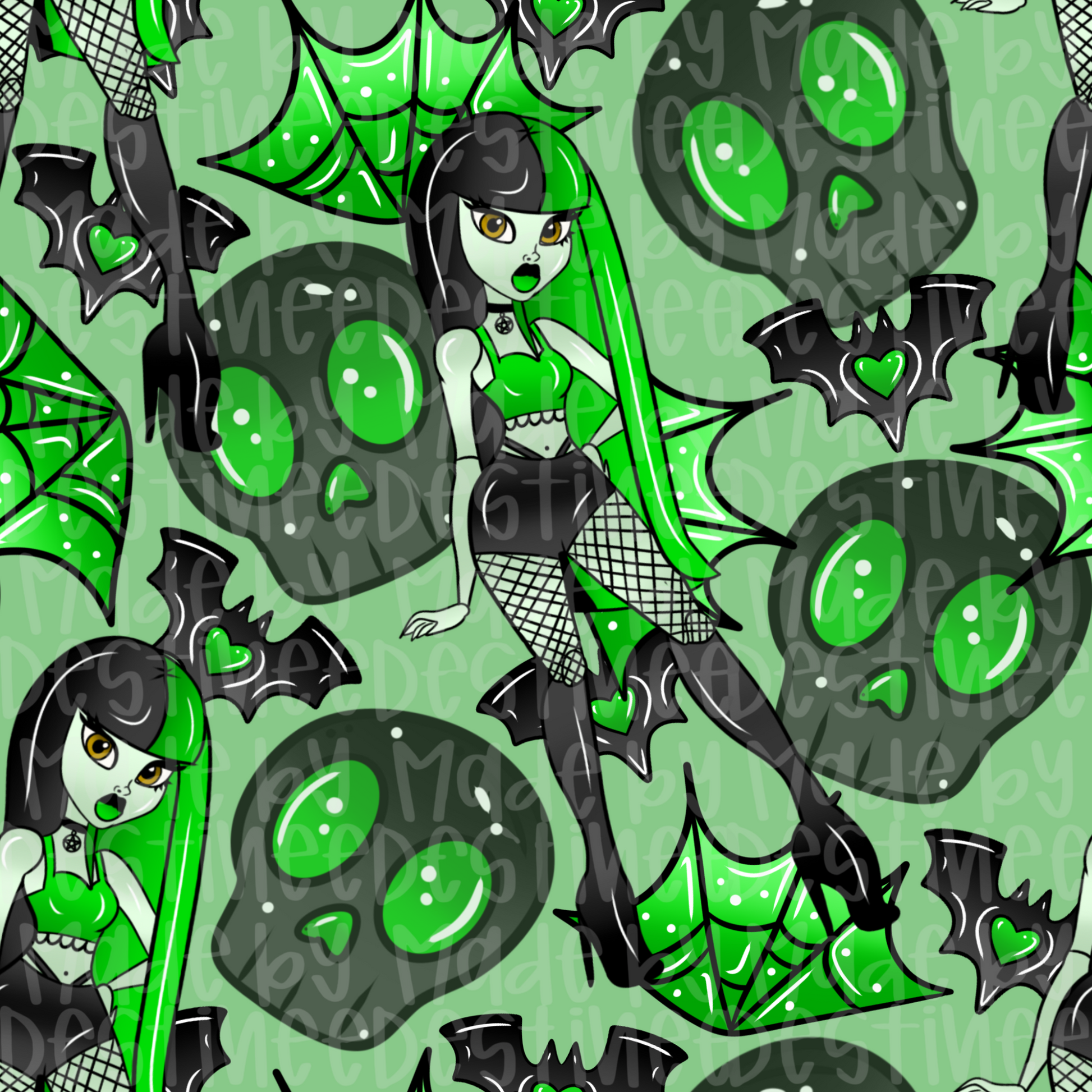 Goth Barbie Seamless Pattern | Green Alternative Digital Design for Sublimation & Crafts