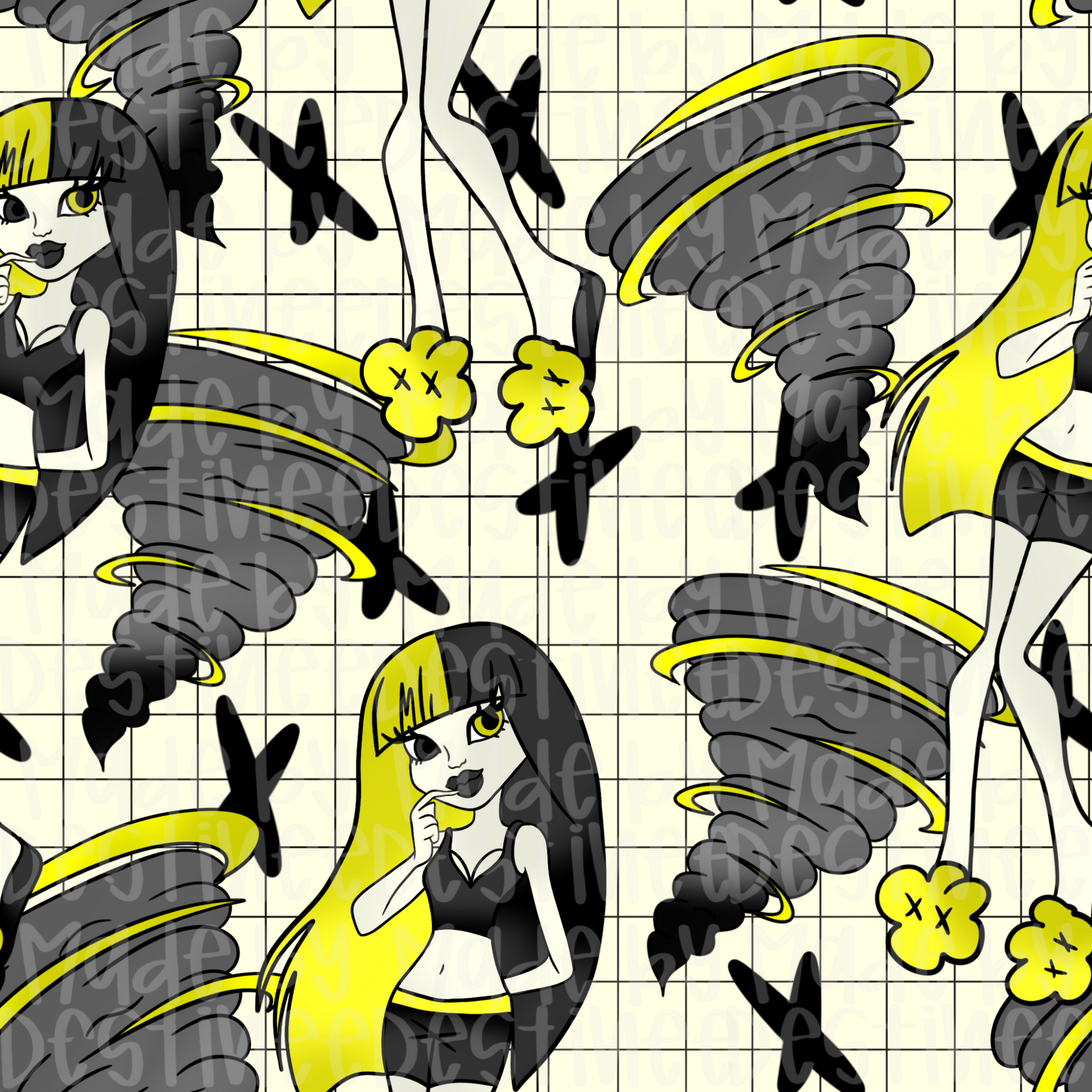Yellow Goth Barbie Seamless Pattern | Tornado Storm Digital Design for Sublimation & Crafts