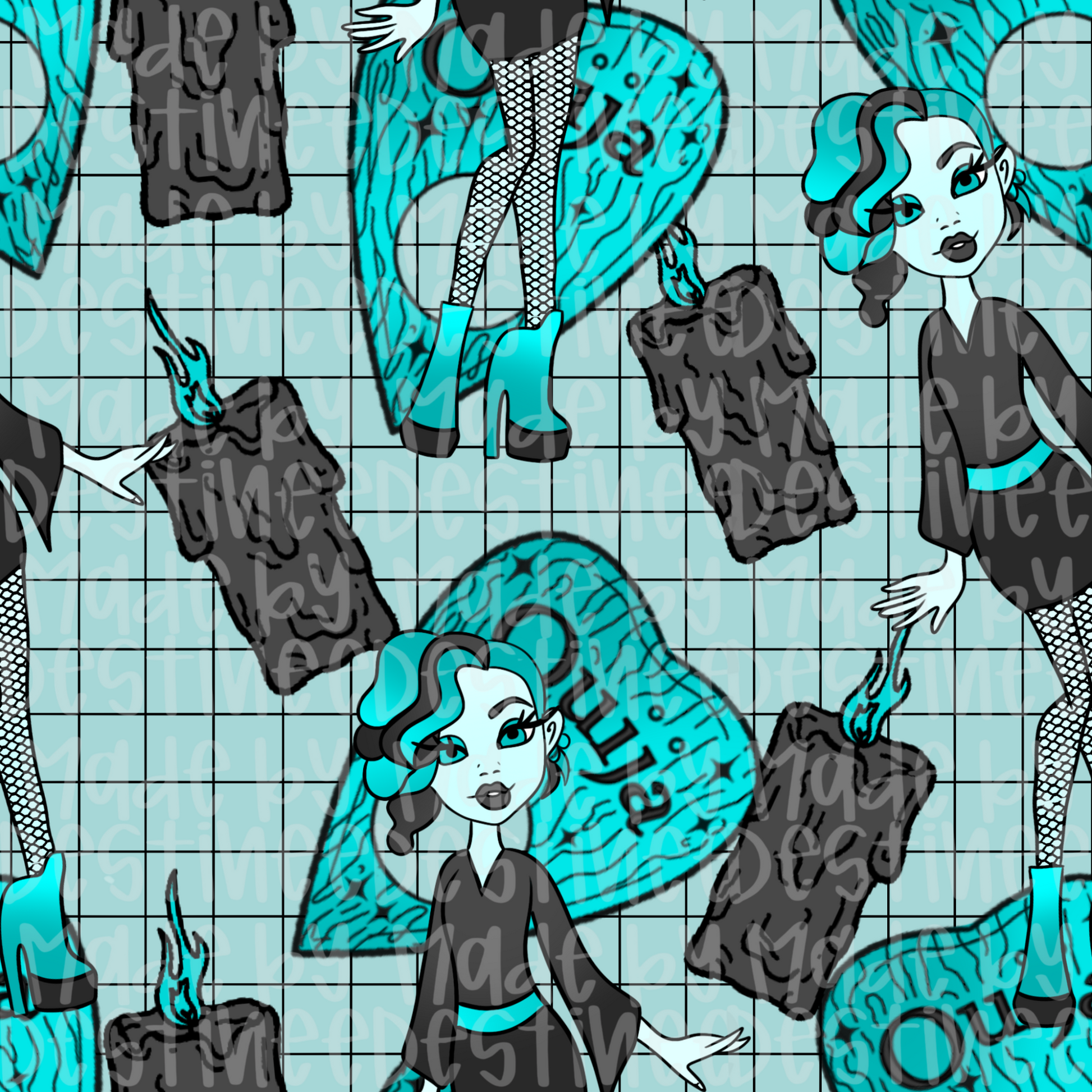 Blue Gothic Barbie Seamless Pattern | Ouija Board & Witchy Digital Design for Sublimation & Crafts