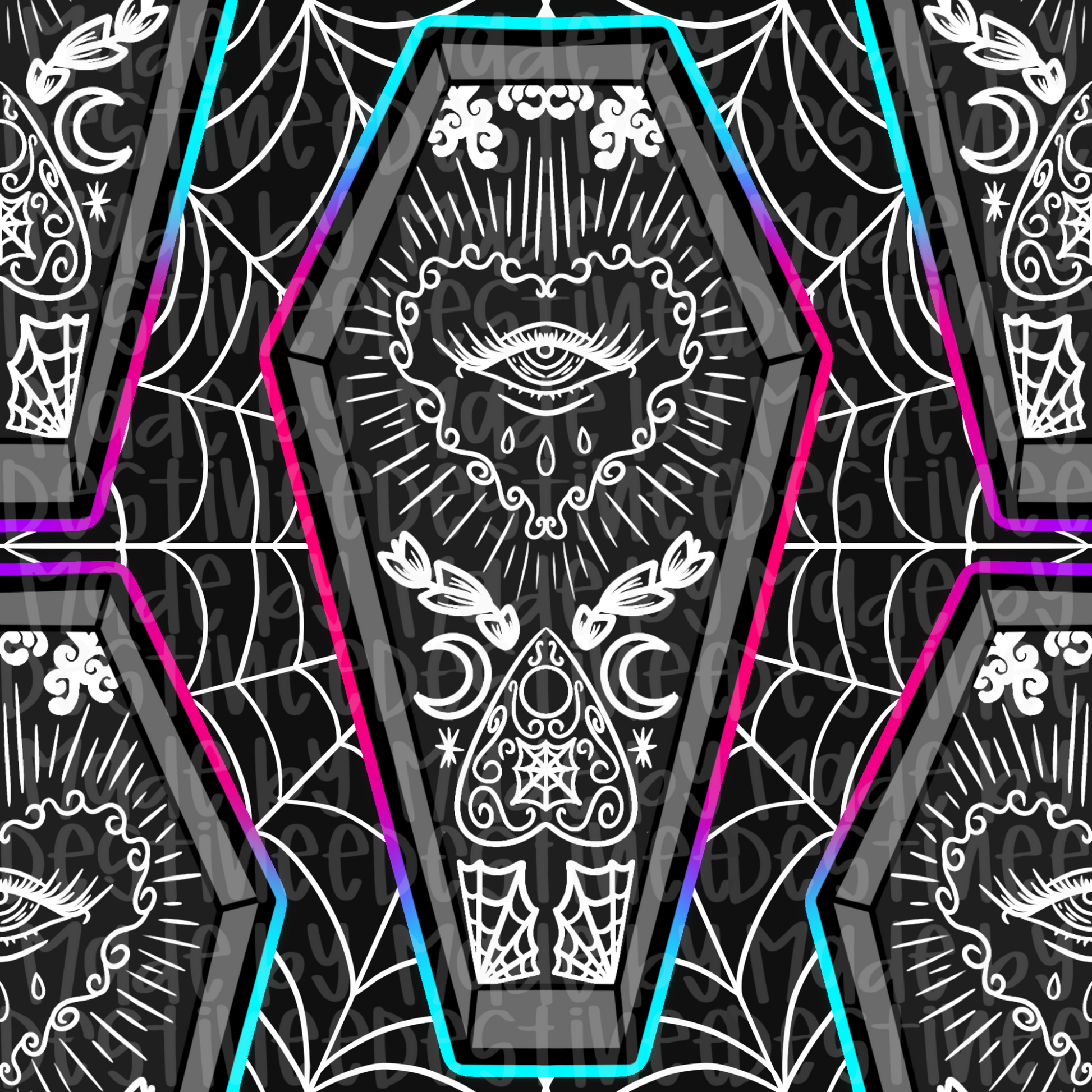 Gothic Coffin Seamless Pattern | Neon Occult Digital Design for Sublimation & Crafts
