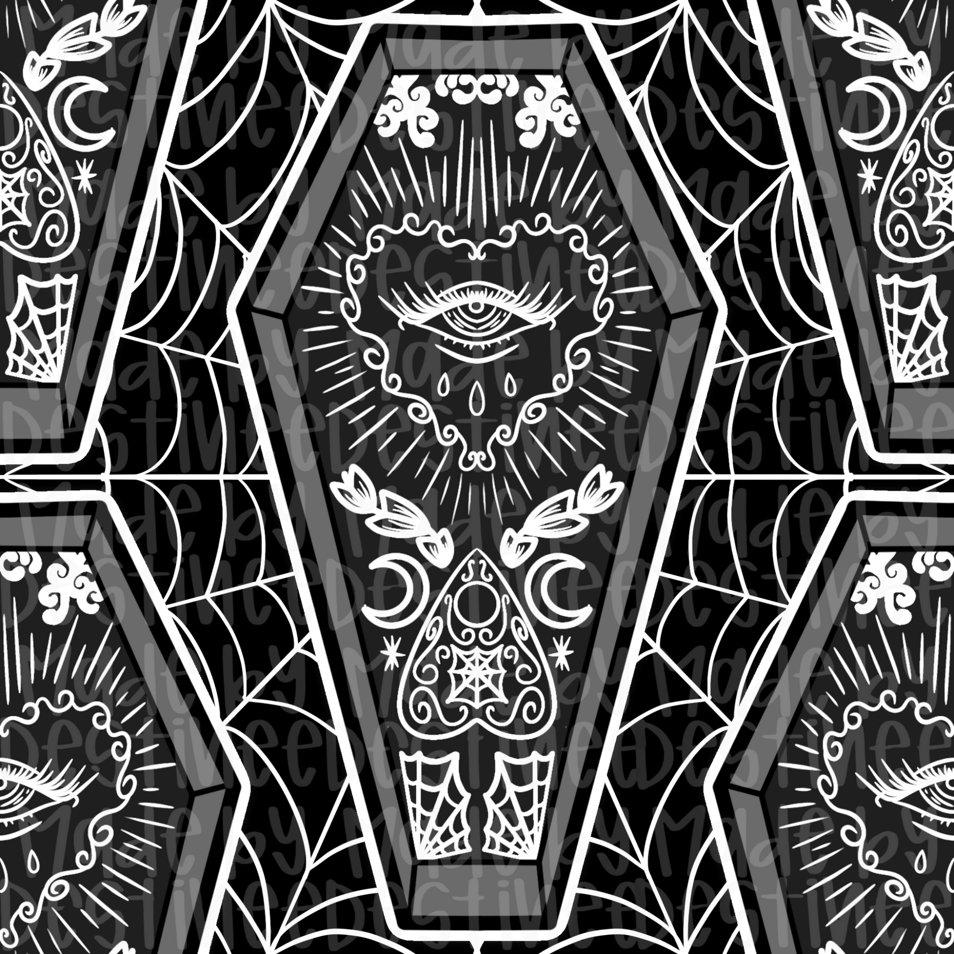 Gothic Coffin Seamless Pattern | Black & White Occult Digital Design for Sublimation & Crafts