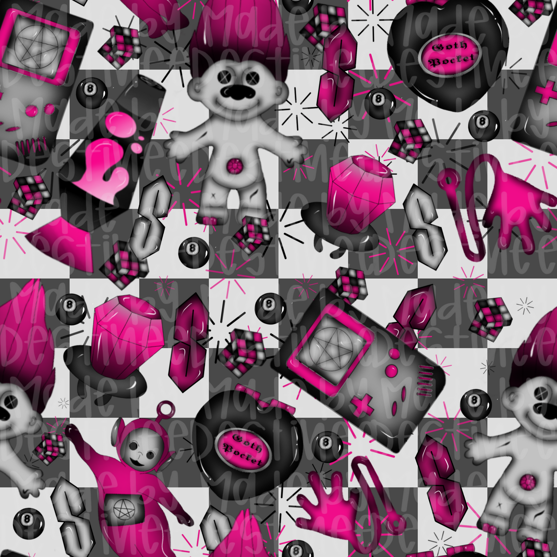 Gothic 90s Toys Seamless Pattern | Pink & Black Retro Nostalgia Digital Design for Crafts