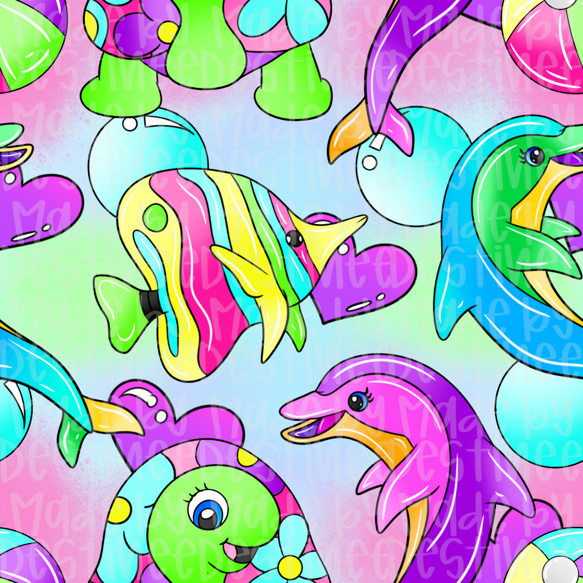 Lisa Frank-Inspired Seamless Pattern | Rainbow Dolphins & Fish Digital Design for Crafts