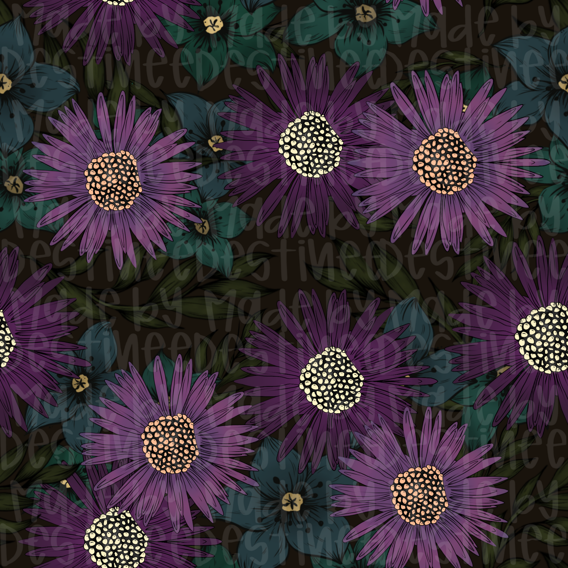 Dark Gothic Floral Seamless Pattern | Purple Wildflower Digital Background PNG