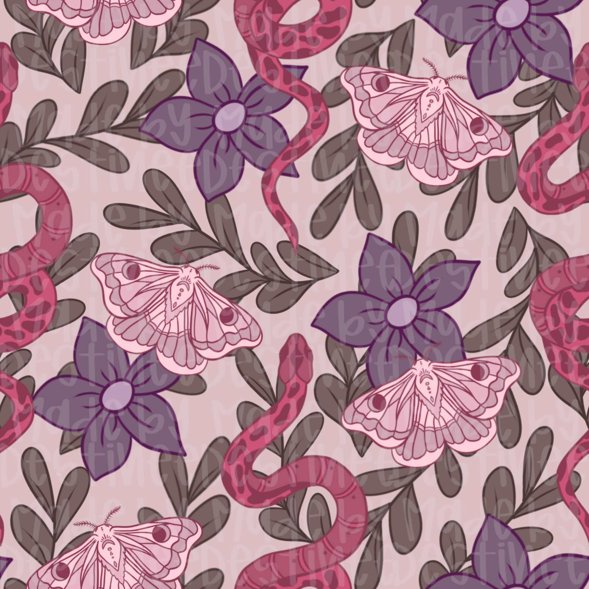 Pink Snake & Moth Seamless Pattern | Gothic Cottagecore Floral Digital Design