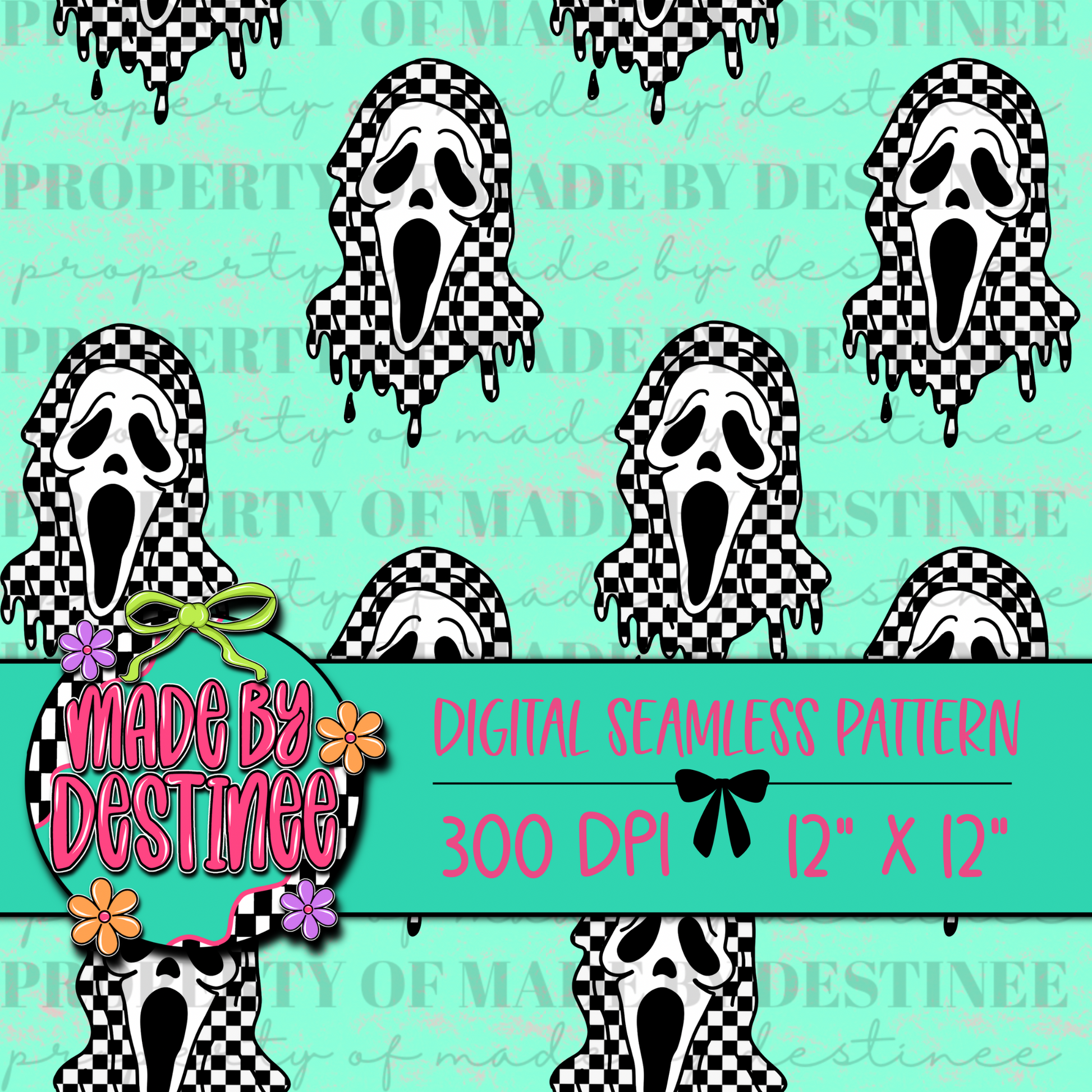 Checkerboard Drippy Ghost Seamless PNG