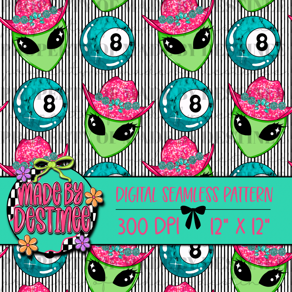 Cowgirl Alien & 8 Ball Seamless PNG