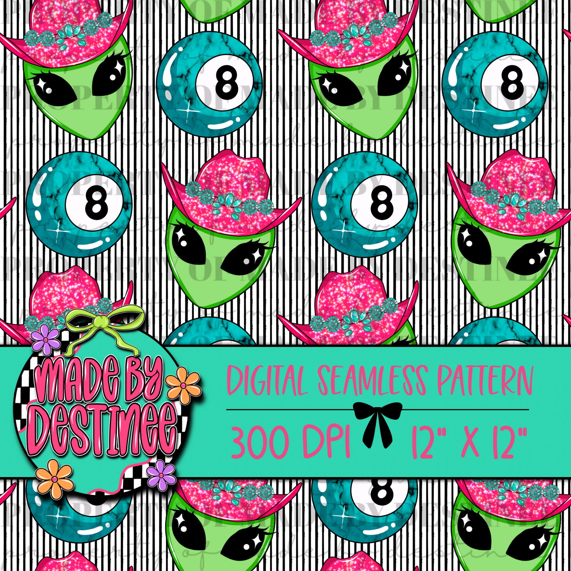 Cowgirl Alien & 8 Ball Seamless PNG