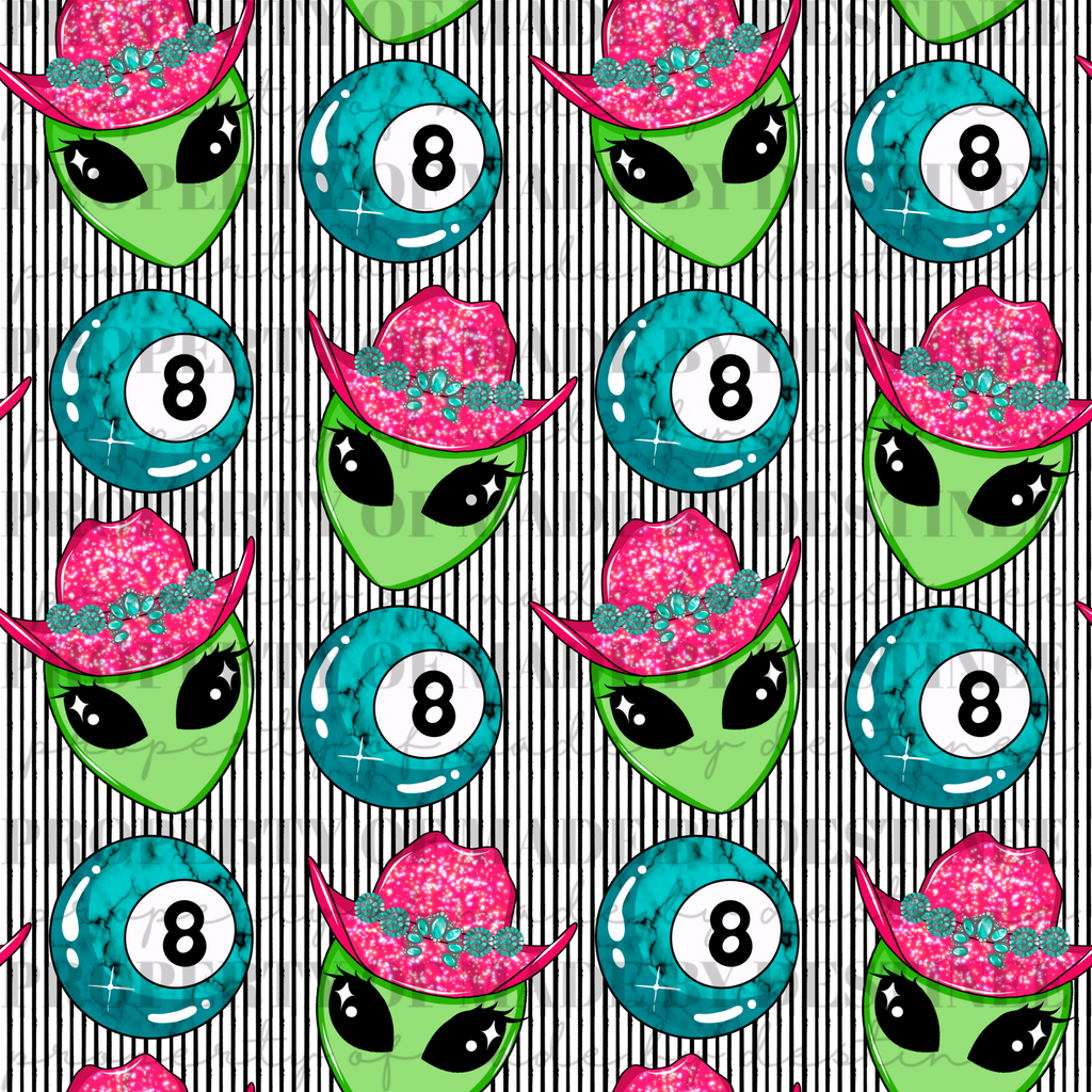 Cowgirl Alien & 8 Ball Seamless PNG