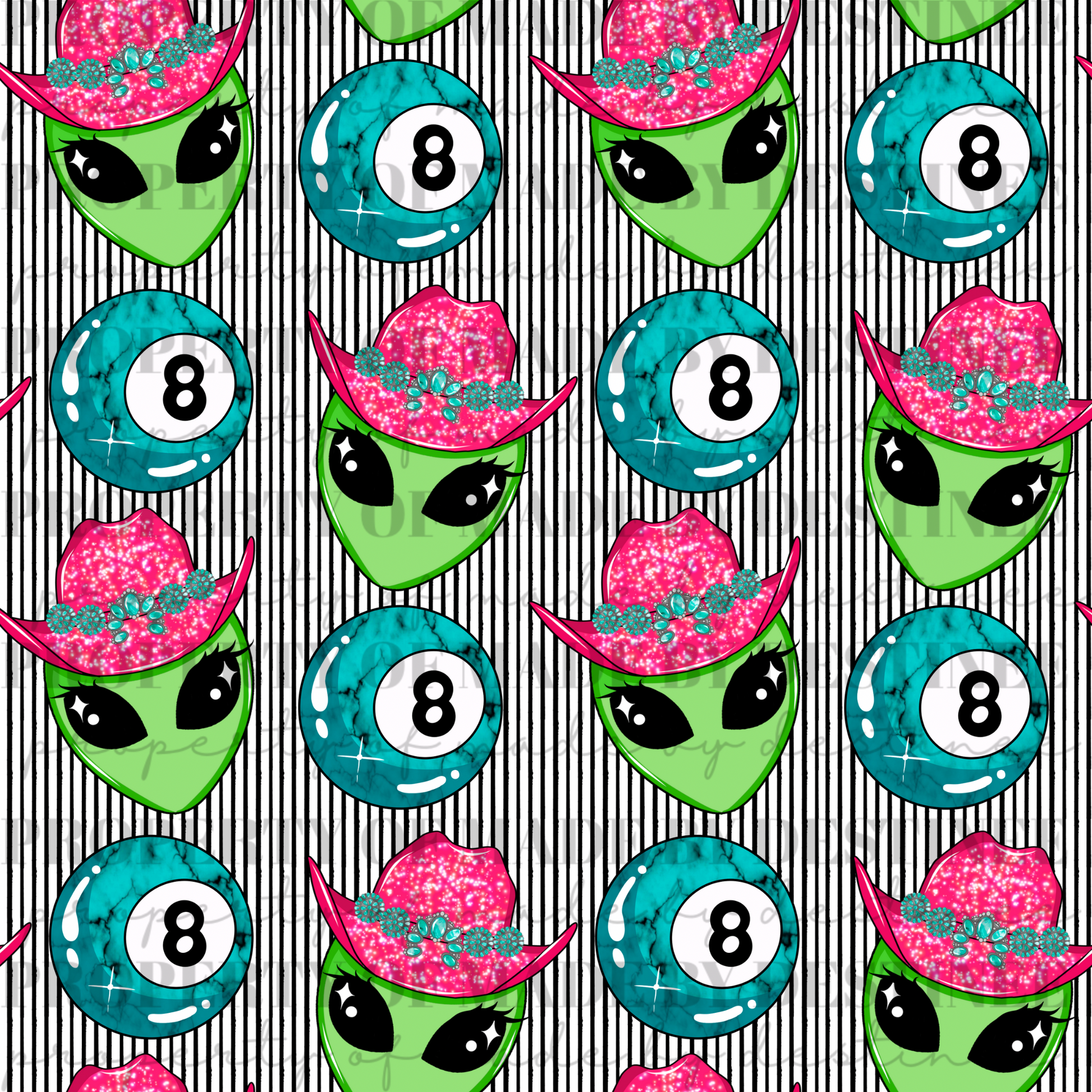 Cowgirl Alien & 8 Ball Seamless PNG