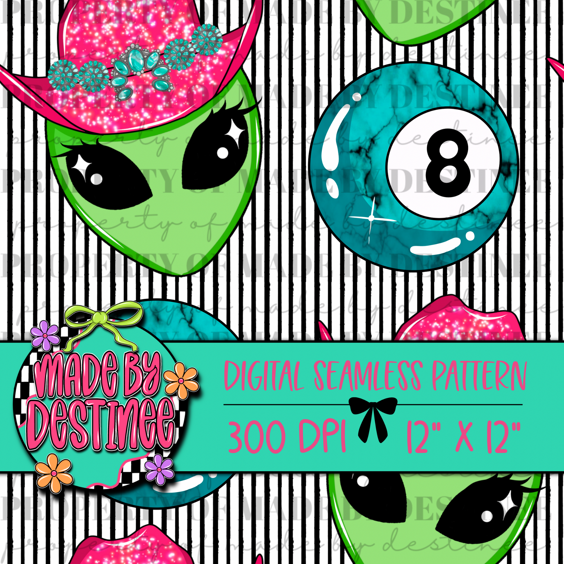 Cowgirl Alien & 8 Ball Seamless PNG