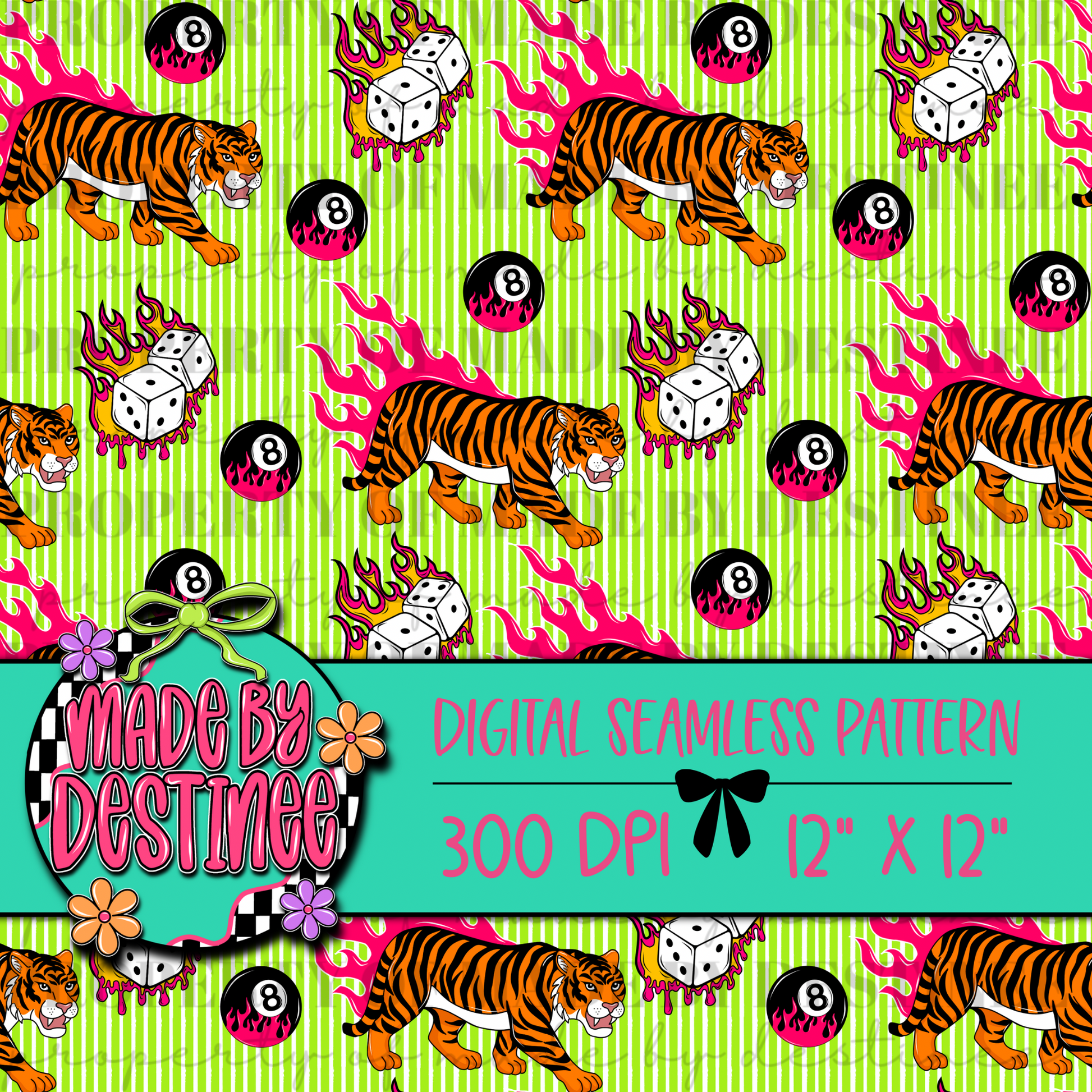 Tiger Dice & 8 Ball Flames Seamless PNG