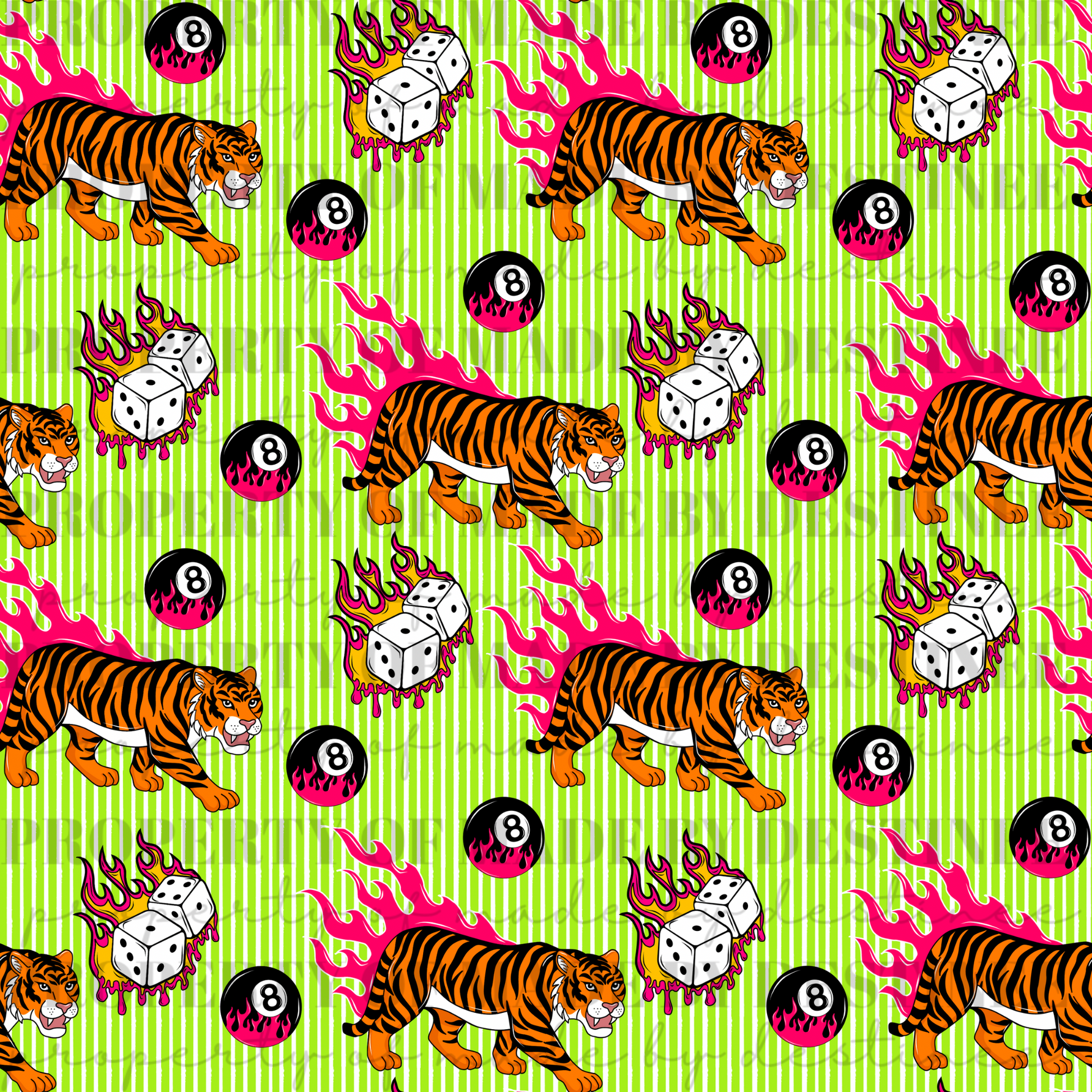 Tiger Dice & 8 Ball Flames Seamless PNG