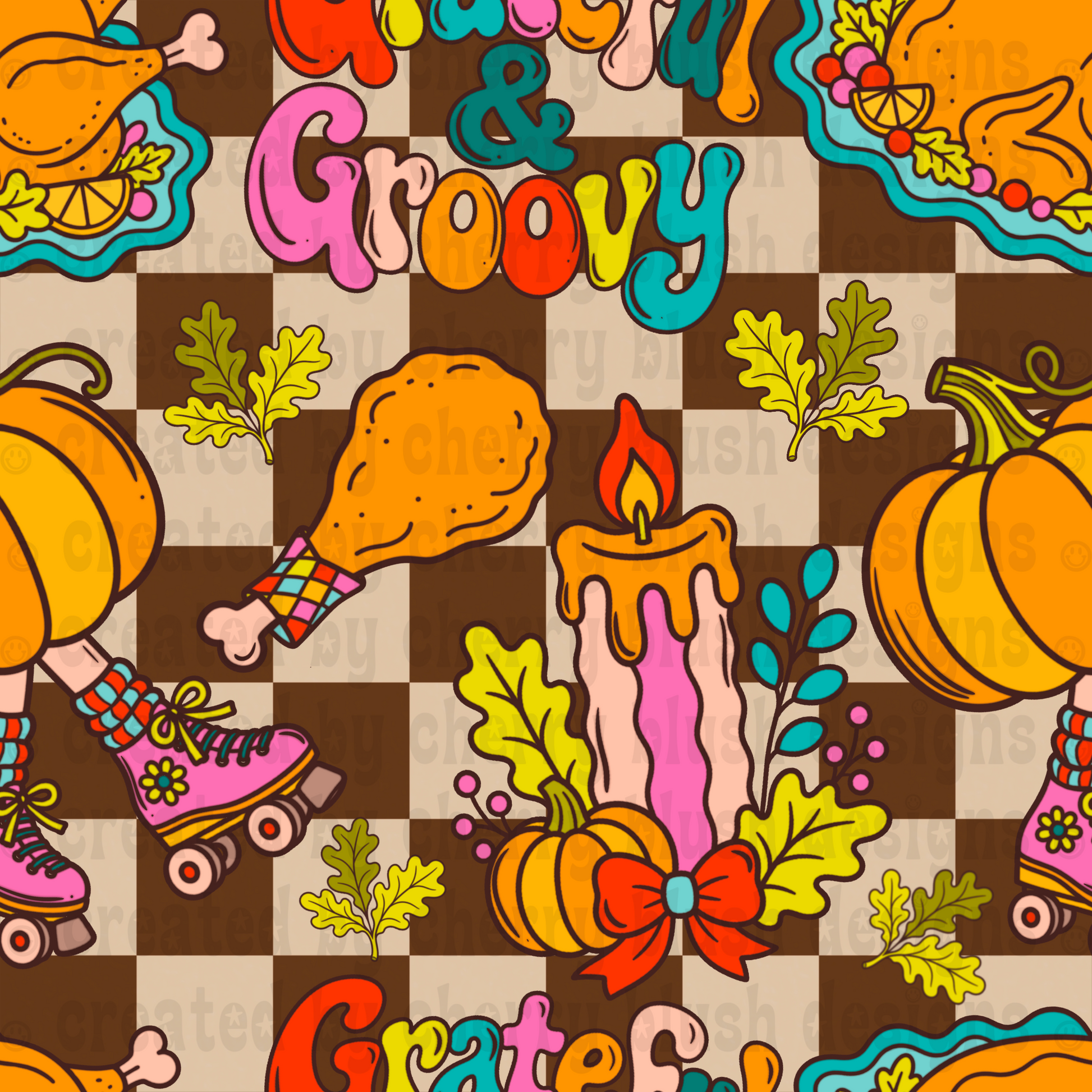 Grateful & Groovy Seamless Pattern | Retro Fall Digital Paper | Autumn Checkerboard Background | Thanksgiving Seamless PNG