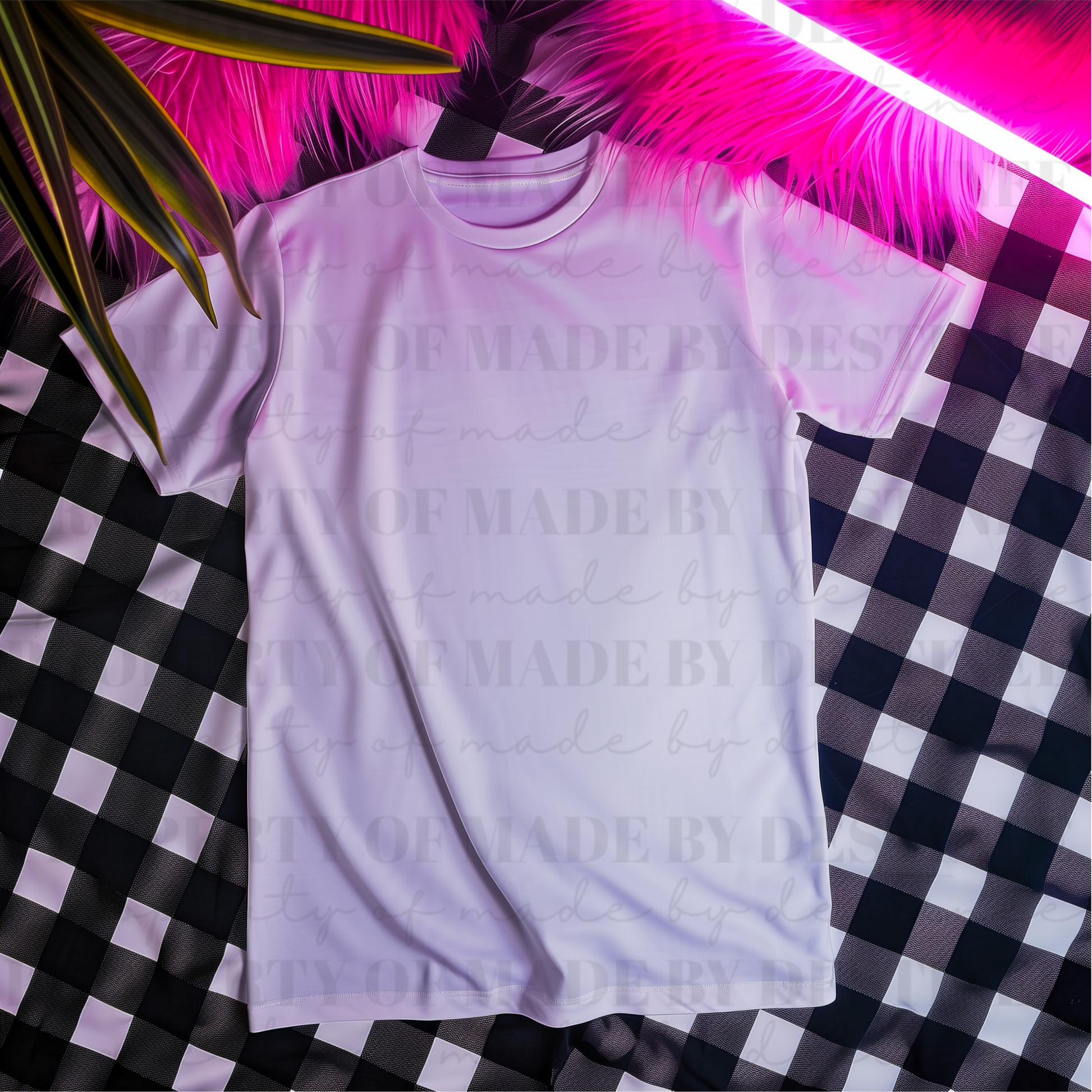 Checkerboard Neon T-Shirt Mockup | White Shirt Flat Lay