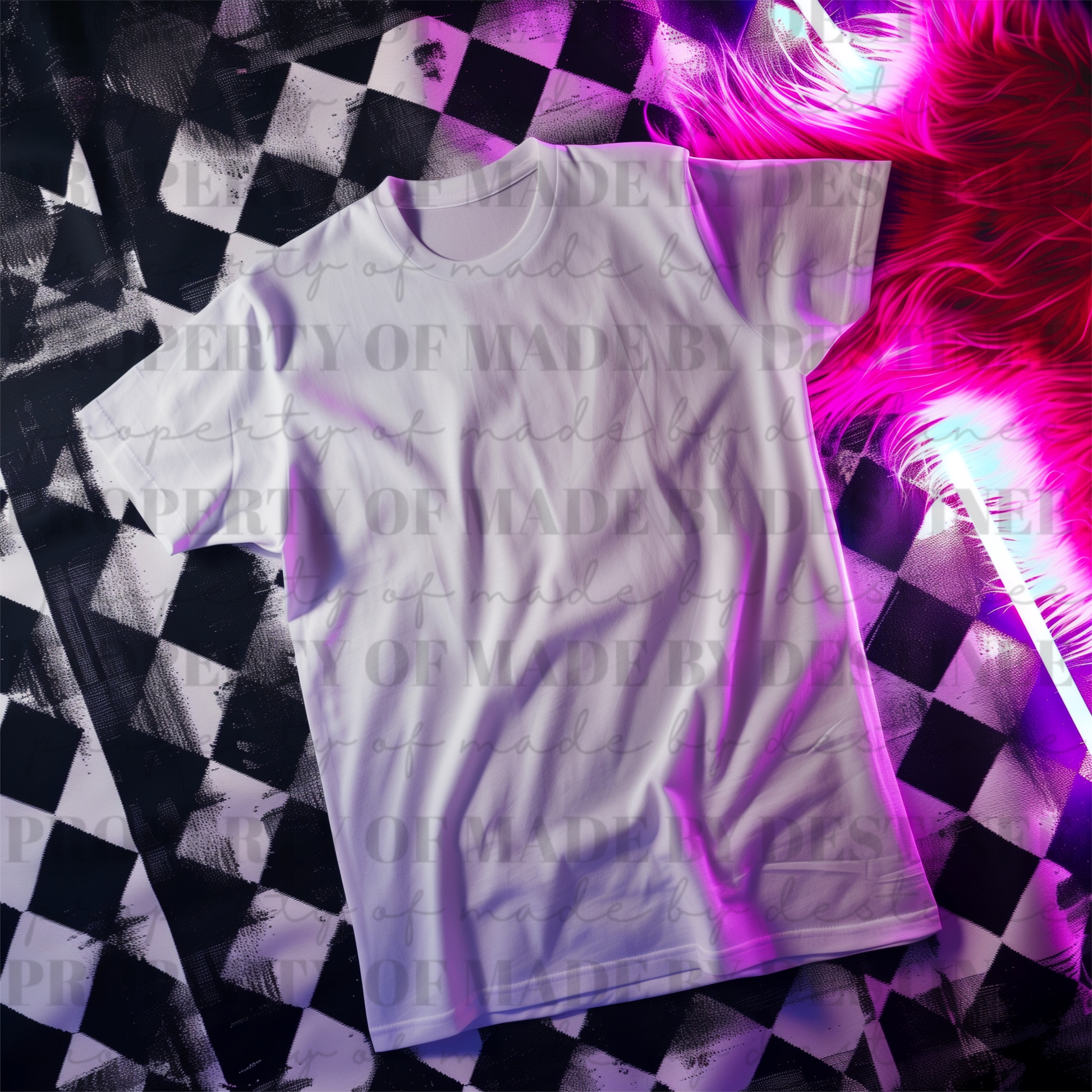 Neon Checkerboard T-Shirt Mockup | White Shirt Flat Lay