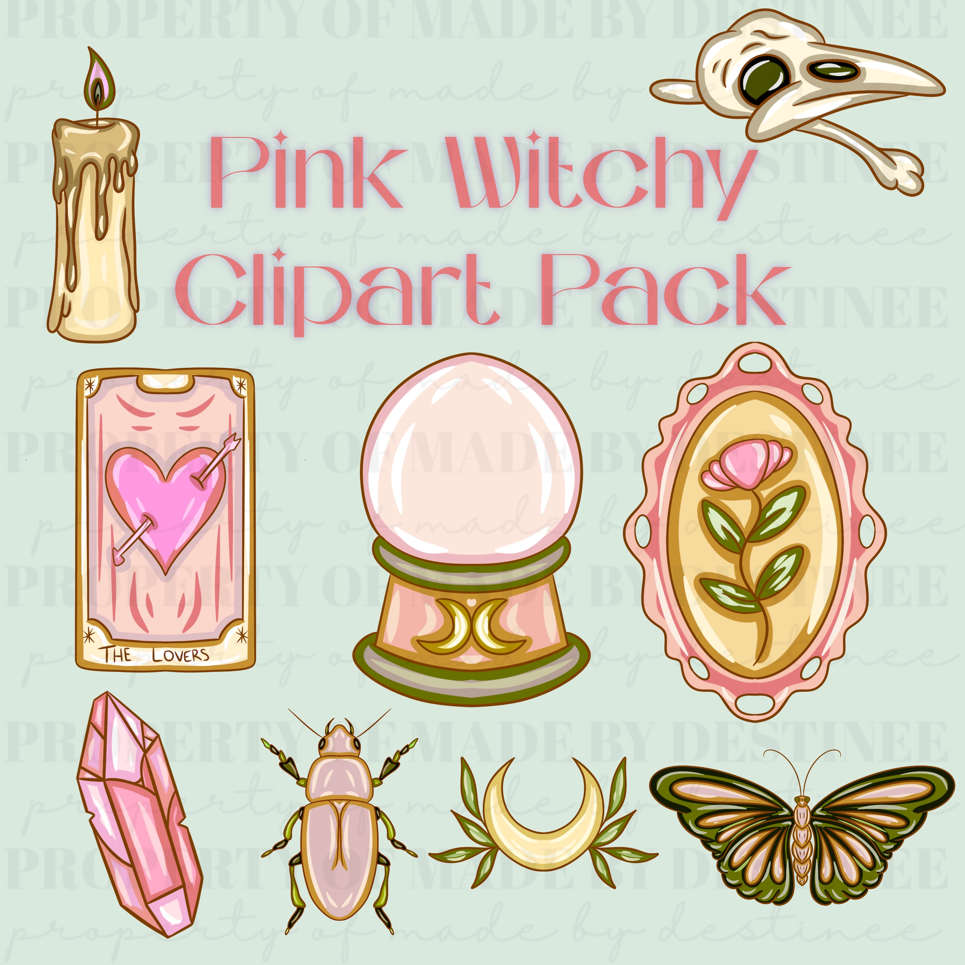Pink Witchy Clipart Pack | Mystical Digital PNGs | Witchcraft, Tarot, Moon & Crystal Art for Sublimation & Stickers
