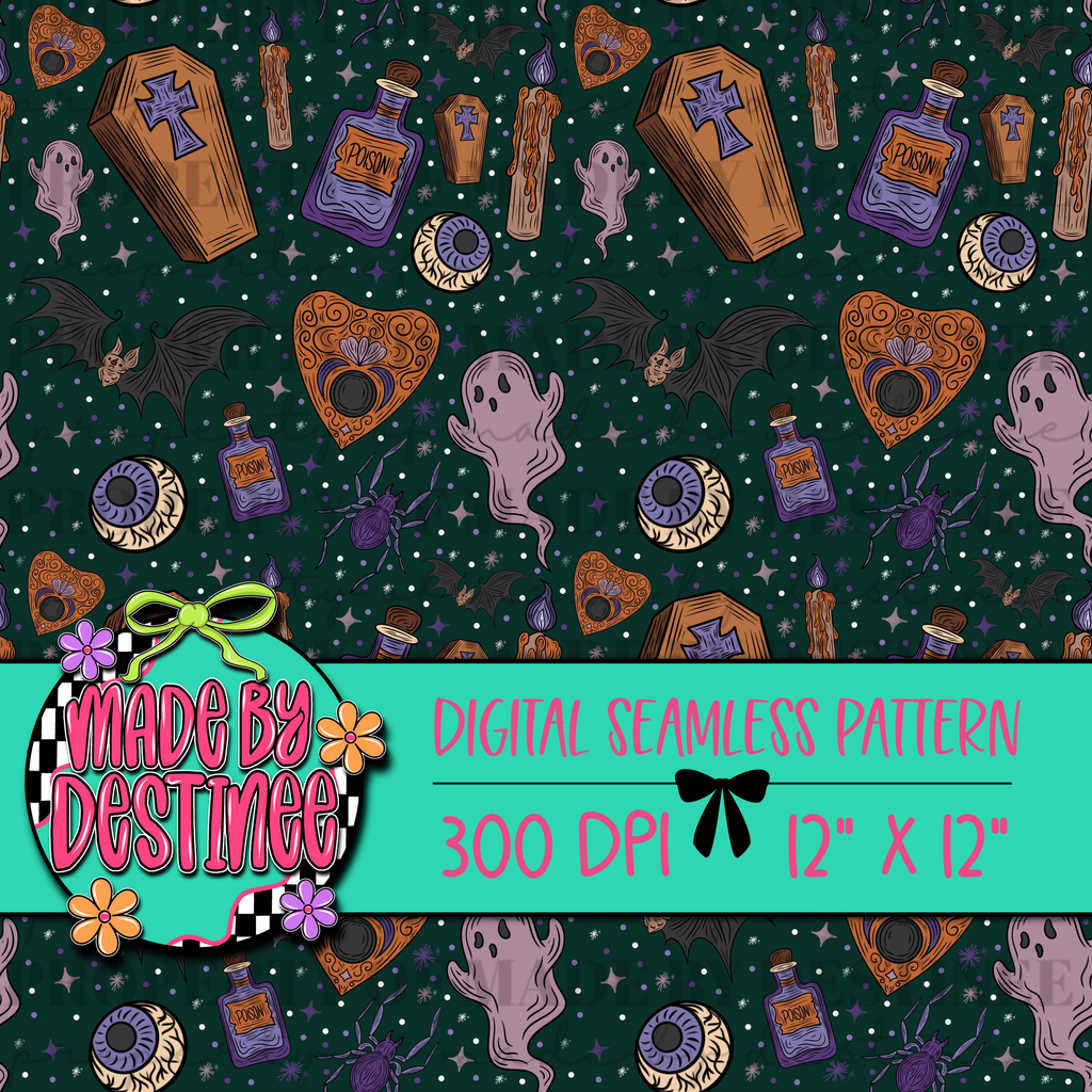 FREEBIE – Spooky Halloween Seamless Pattern | Ghosts, Coffins, Potions & Bats PNG