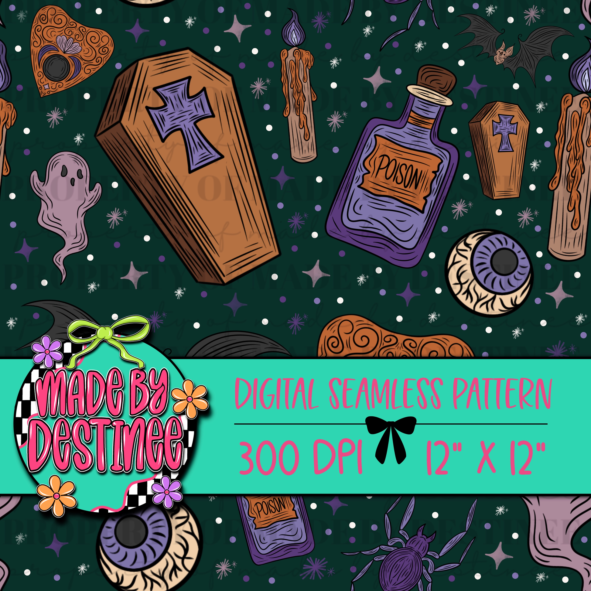 FREEBIE – Spooky Halloween Seamless Pattern | Ghosts, Coffins, Potions & Bats PNG