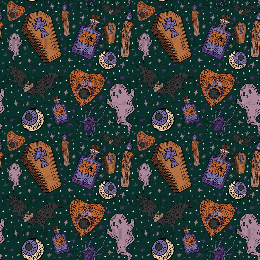FREEBIE – Spooky Halloween Seamless Pattern | Ghosts, Coffins, Potions & Bats PNG