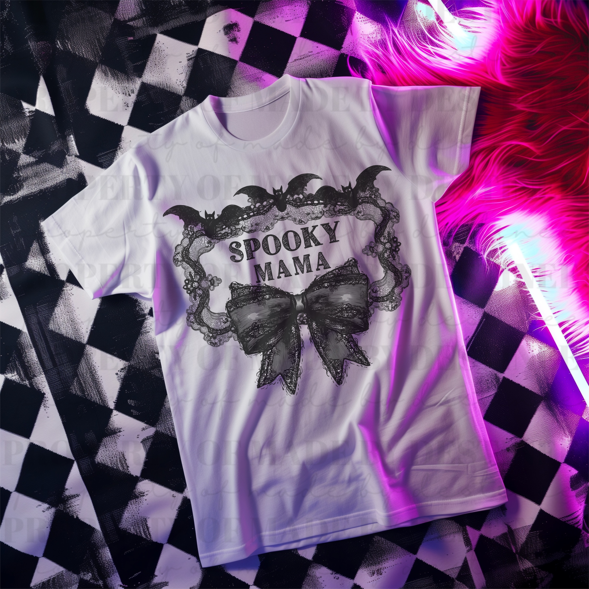 Neon Checkerboard T-Shirt Mockup | White Shirt Flat Lay
